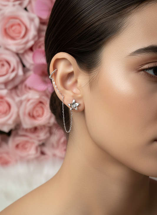 Aloha Aerial Cuff Collection • Orchid Chain Stud • Rhodium Tarnish-Free Orchid Jewelry