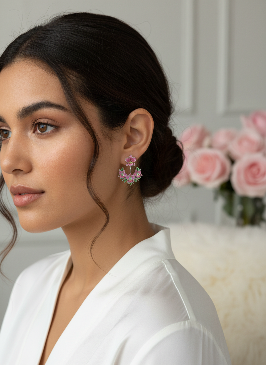 Aloha Orchid Jewelry Collection:  Pink Cattleya Flower Stud with Earring Jacket