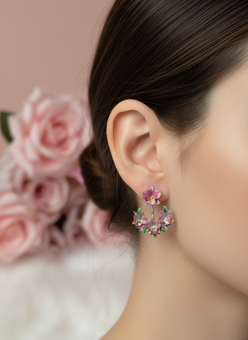 Aloha Orchid Jewelry Collection:  Pink Cattleya Flower Stud with Earring Jacket