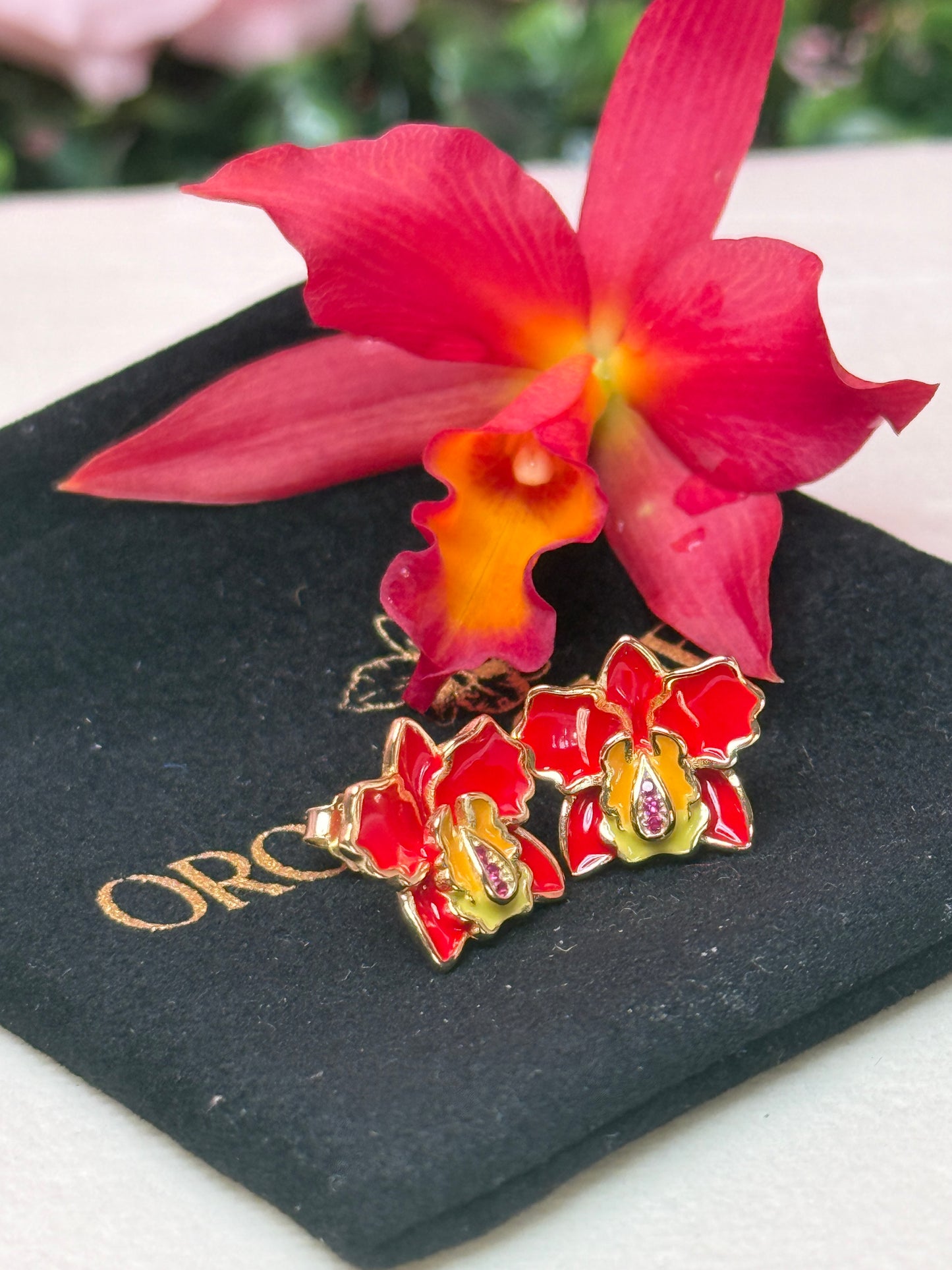 The Potinara Collection: Red Cattleya Orchid Jewelry Set • 14k Gold Orchid Choker Necklace • Orchid Earrings