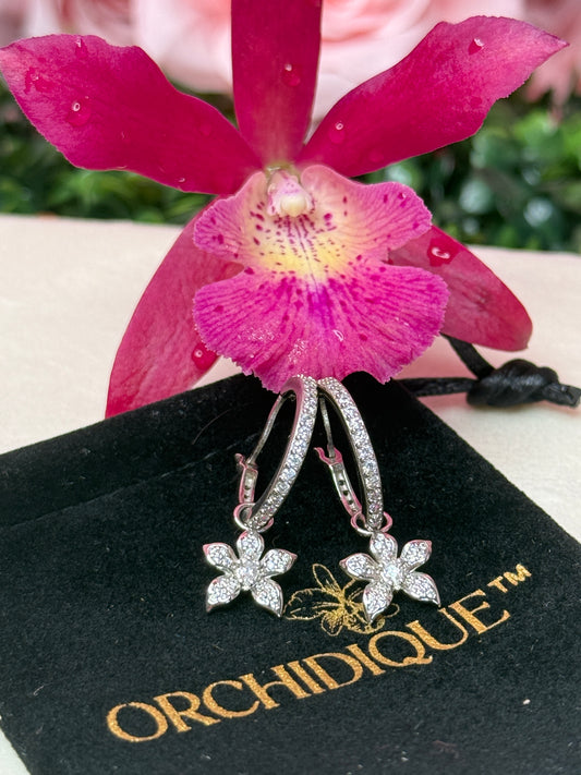 La Brillosa Cattleya Collection Zircon Huggie Hoop Earrings with Orchid Charm