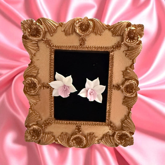 Handmade Orchid Oasis Collection : White with Pink Lip Cattleya Orchid Earrings - Orchidique