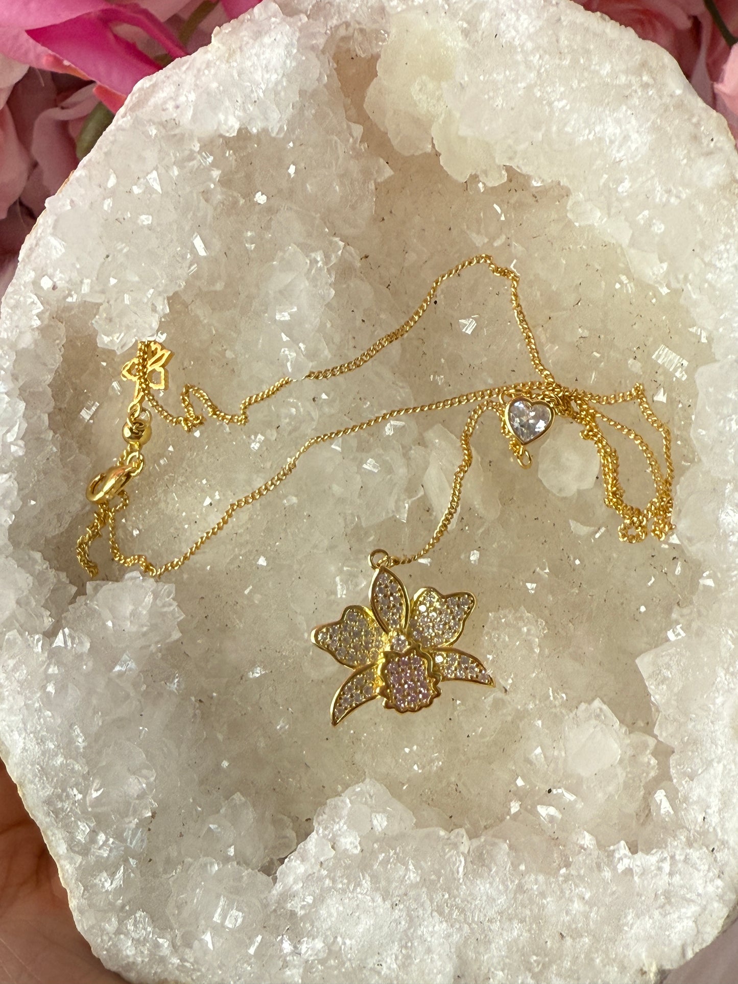Shimmer Me Cattleya Necklace • White and Pink Y- Chain Orchid Jewelry