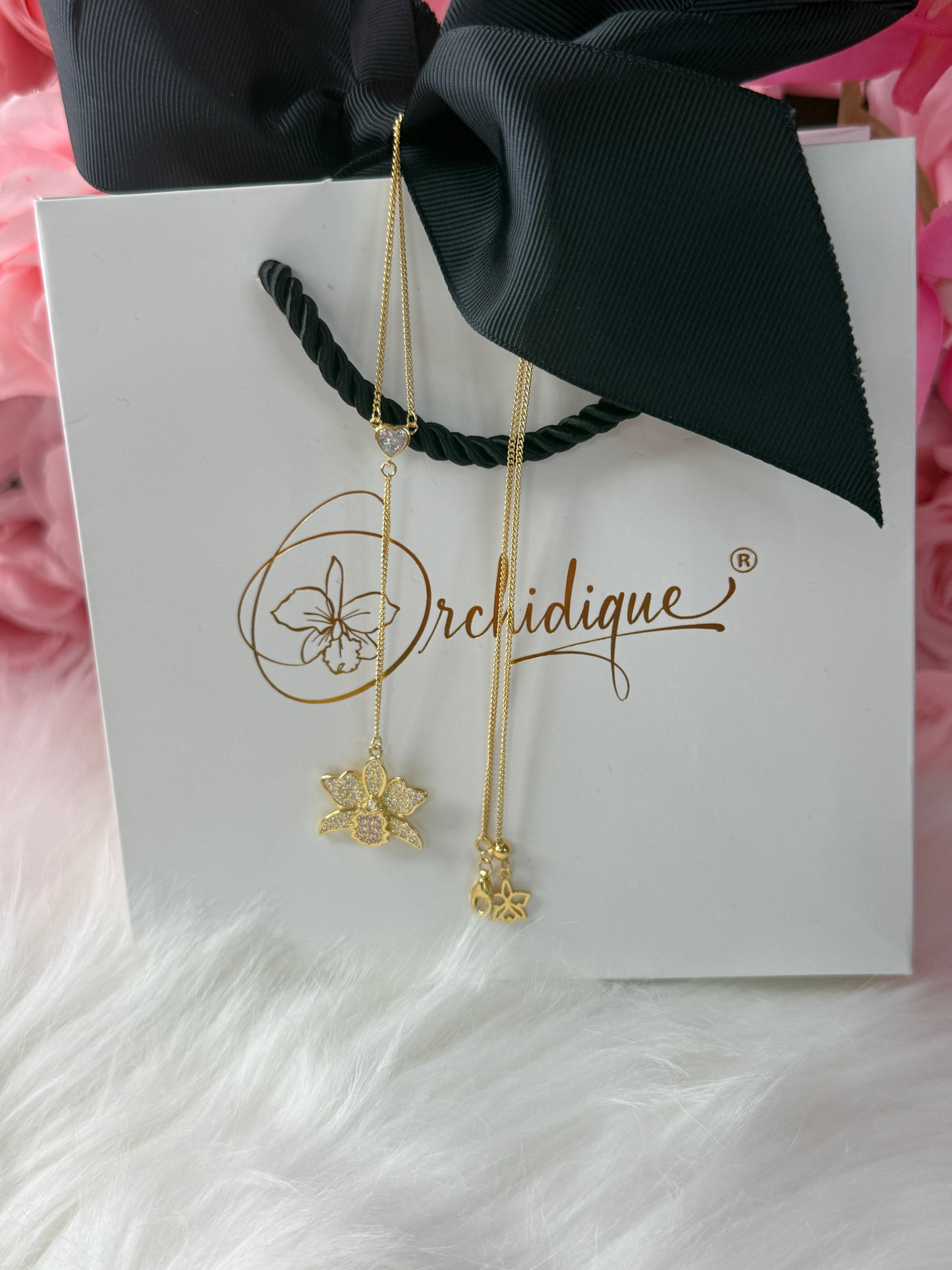 Shimmer Me Cattleya Necklace • White and Pink Y- Chain Orchid Jewelry