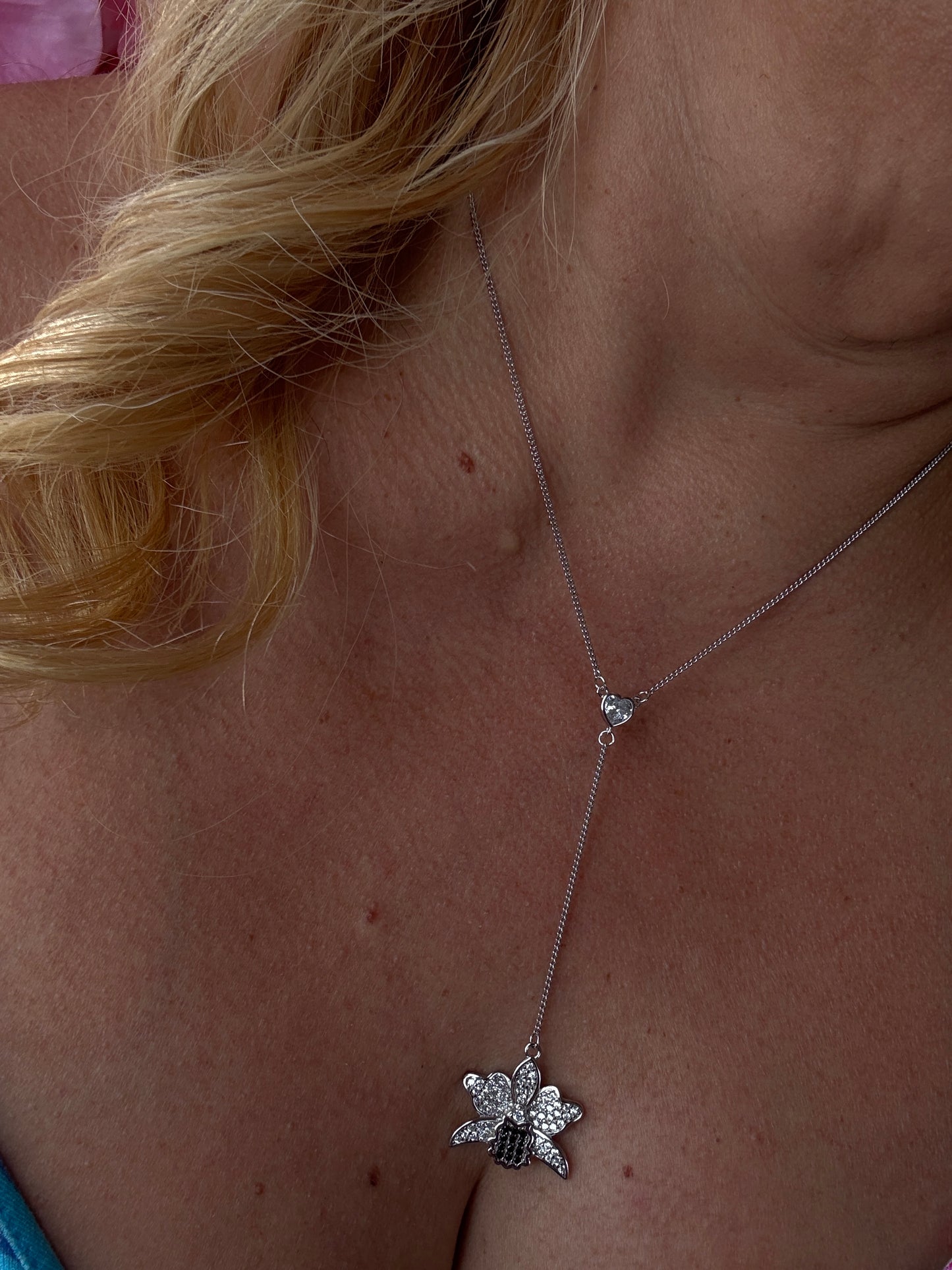 Shimmer Me Cattleya Necklace • Black and White Y Chain Choker Orchid Jewelry