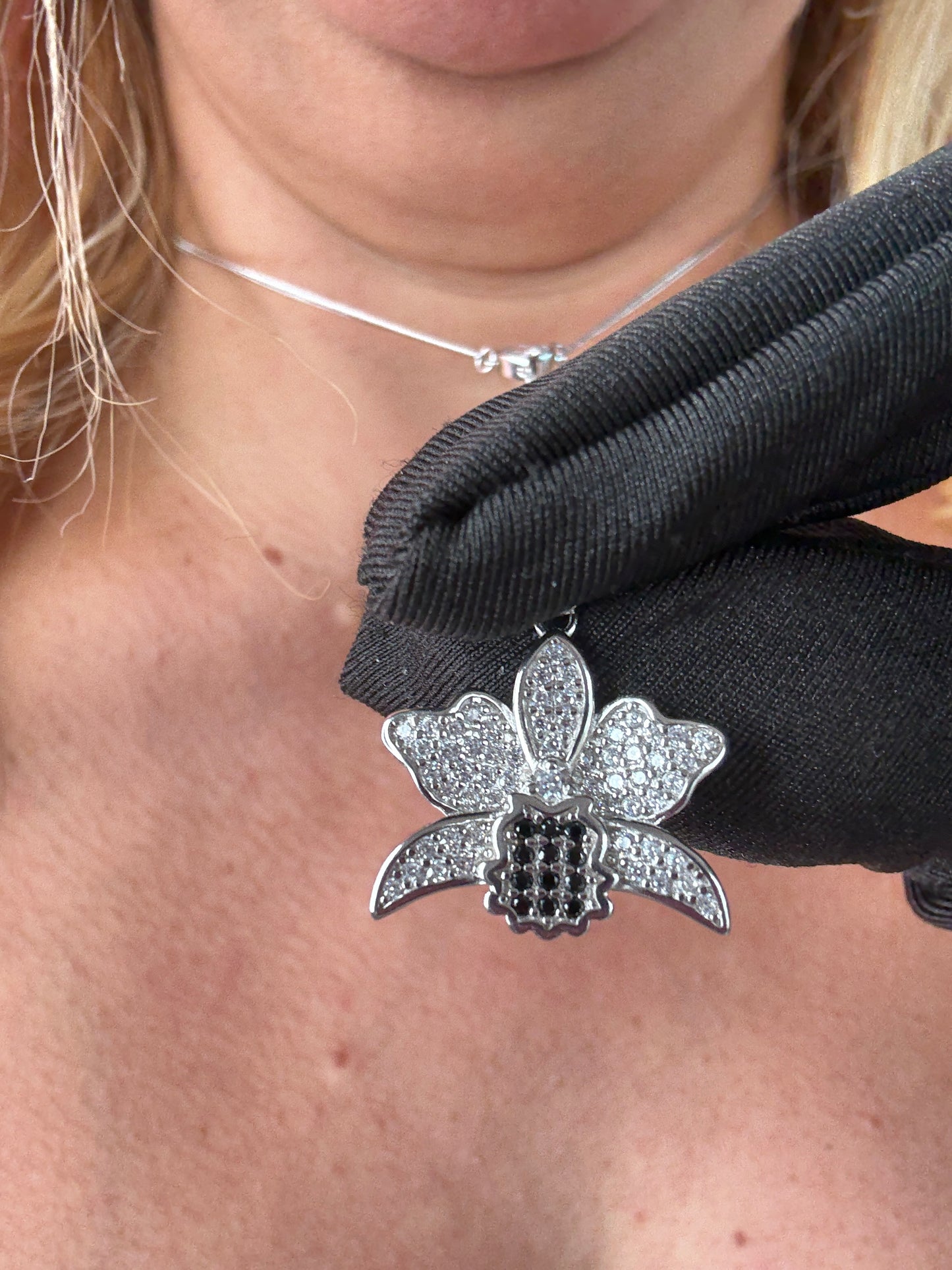 Shimmer Me Cattleya Necklace • Black and White Y Chain Choker Orchid Jewelry