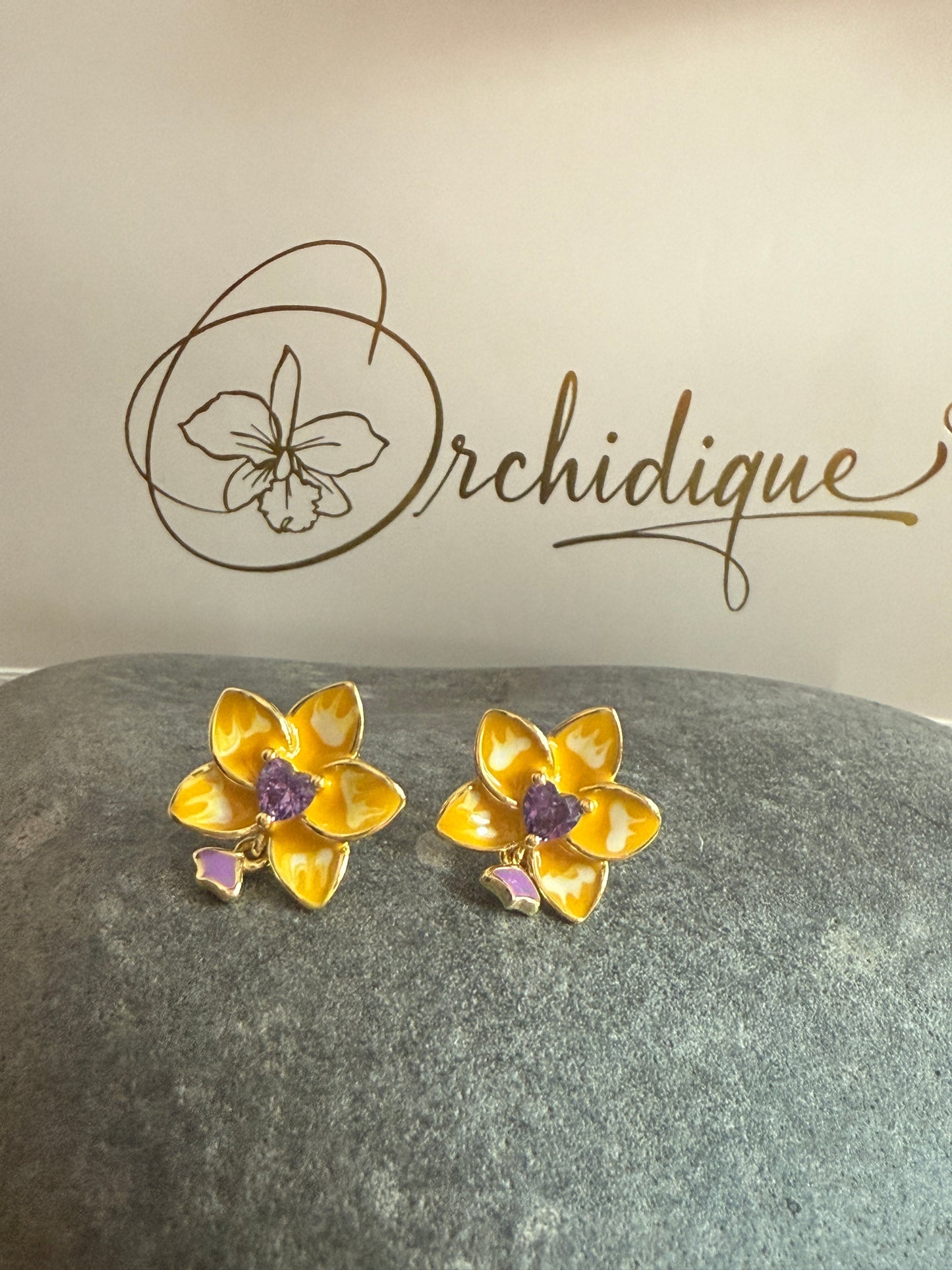 Phalaenopsis Heart Novelty Collection: Yellow & Purple Phalaenopsis Studs - Orchidique