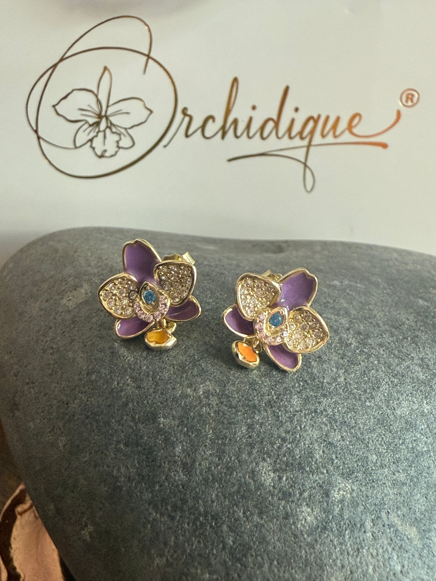 The Phalaenopsis Novelty Collection: Purple Zircon Gold Orchid Stud Earrings - Orchidique