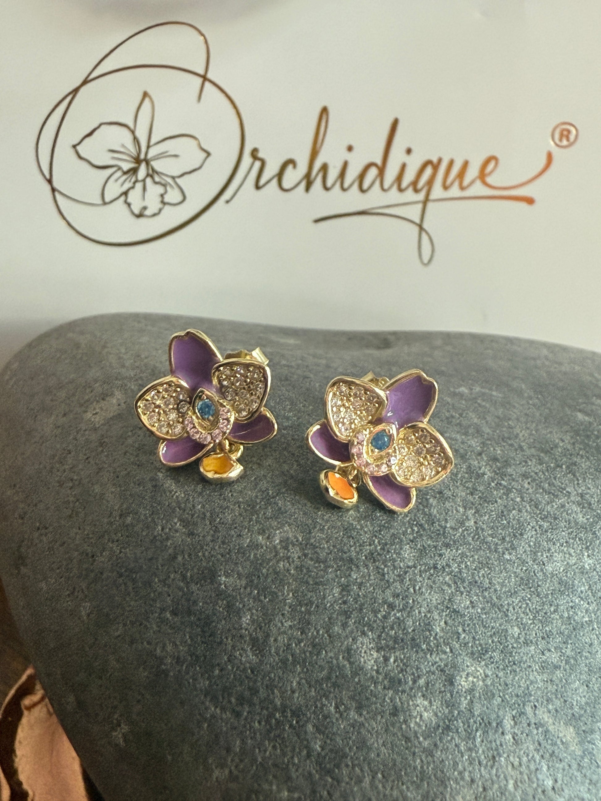 The Phalaenopsis Novelty Collection: Purple Zircon Gold Orchid Stud Earrings - Orchidique