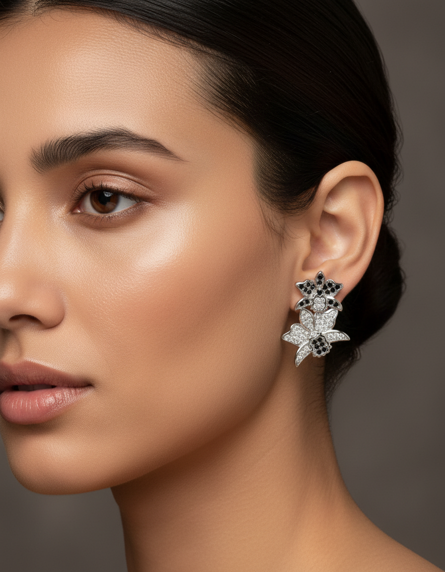 Shimmer Me Cattleya Soulmates Earrings, Black and White Zircons - Orchidique