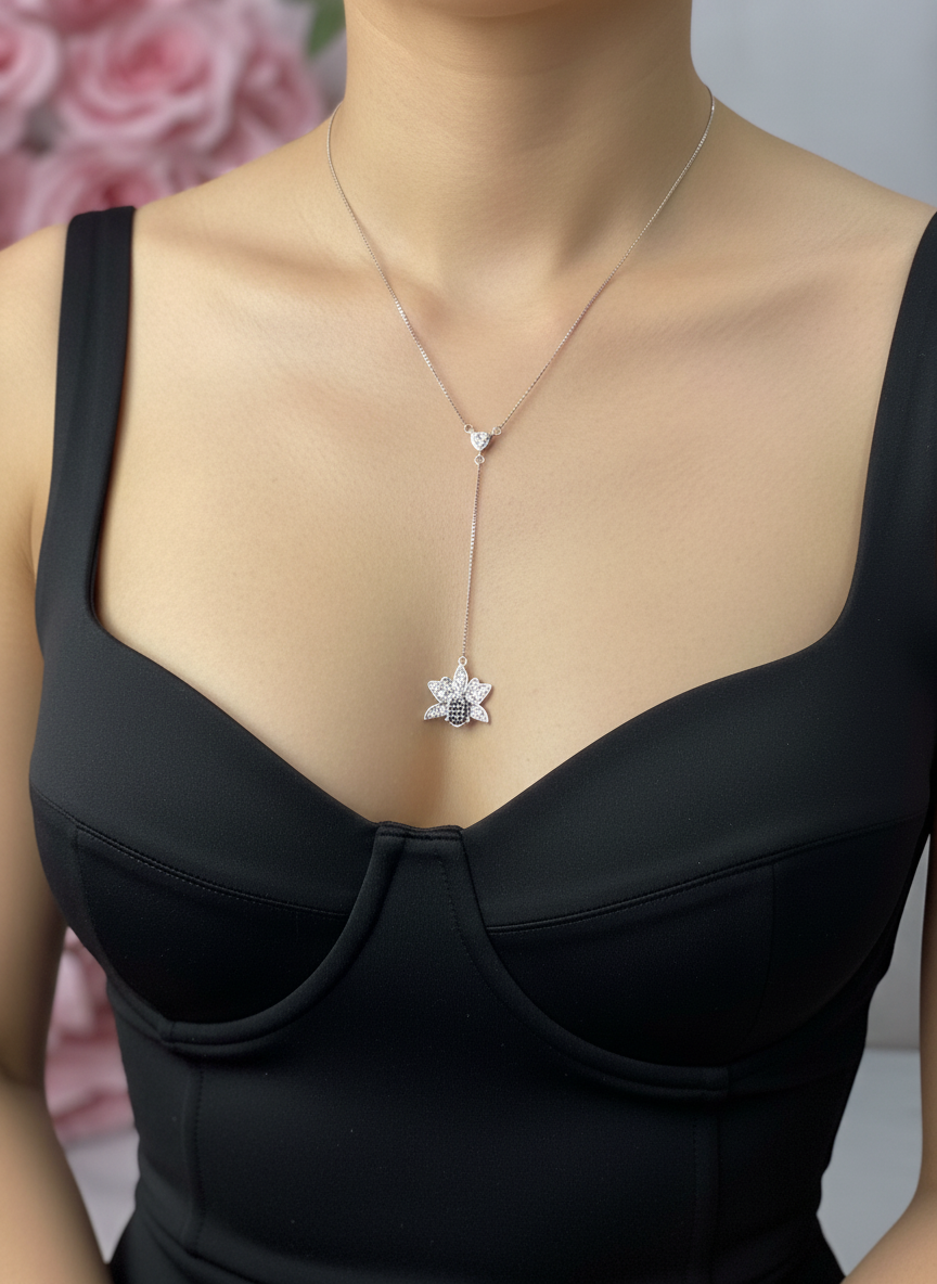 Shimmer Me Cattleya Necklace • Black and White Y Chain Choker Orchid Jewelry - Orchidique