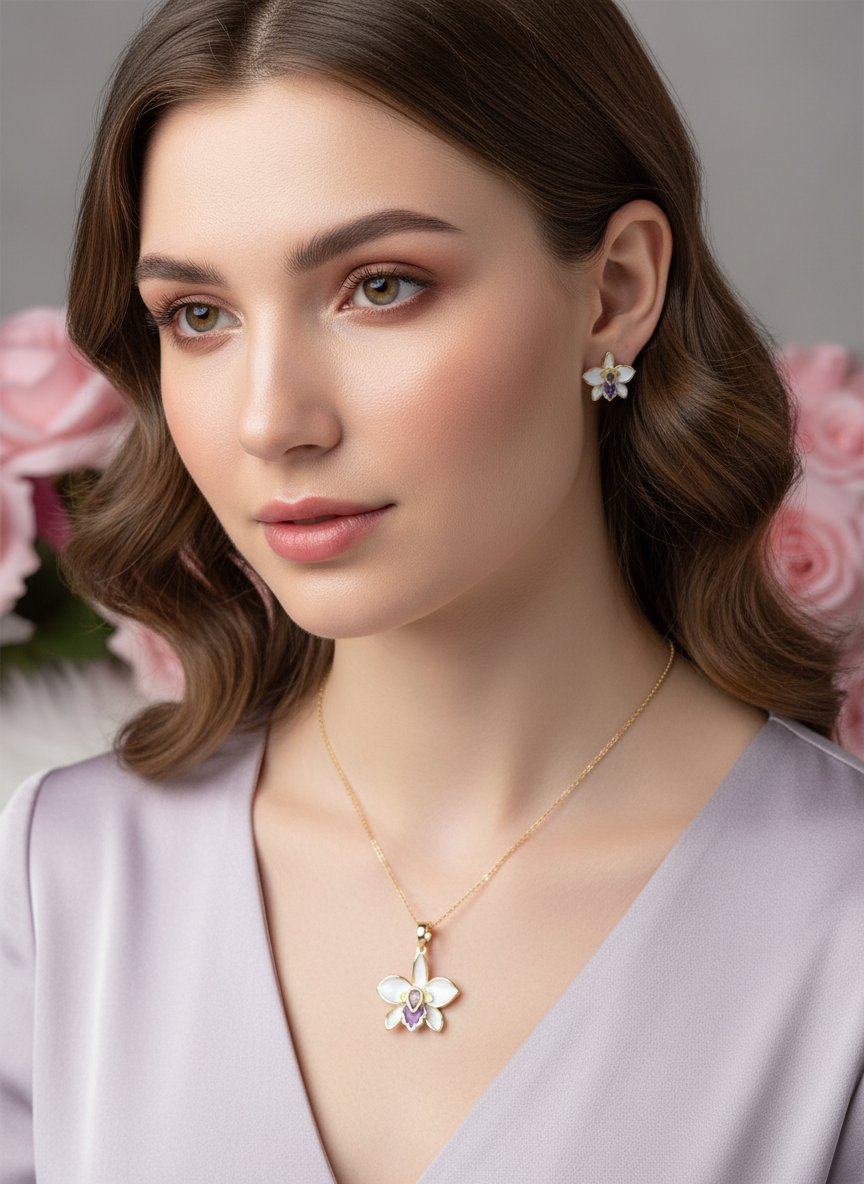 The Violacea Collection: White and Purple Cattleya Orchid Jewelry - Orchidique
