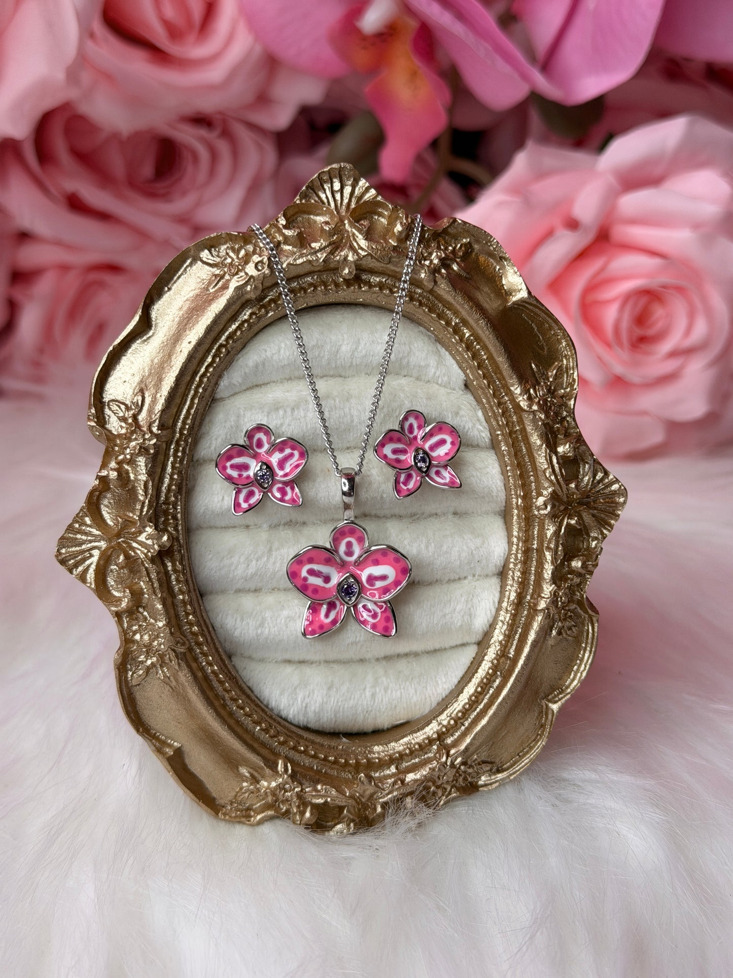 Color Burst Phal Collection: Pink Splash Oval Phalaenopsis Orchid Jewelry Set - Orchidique