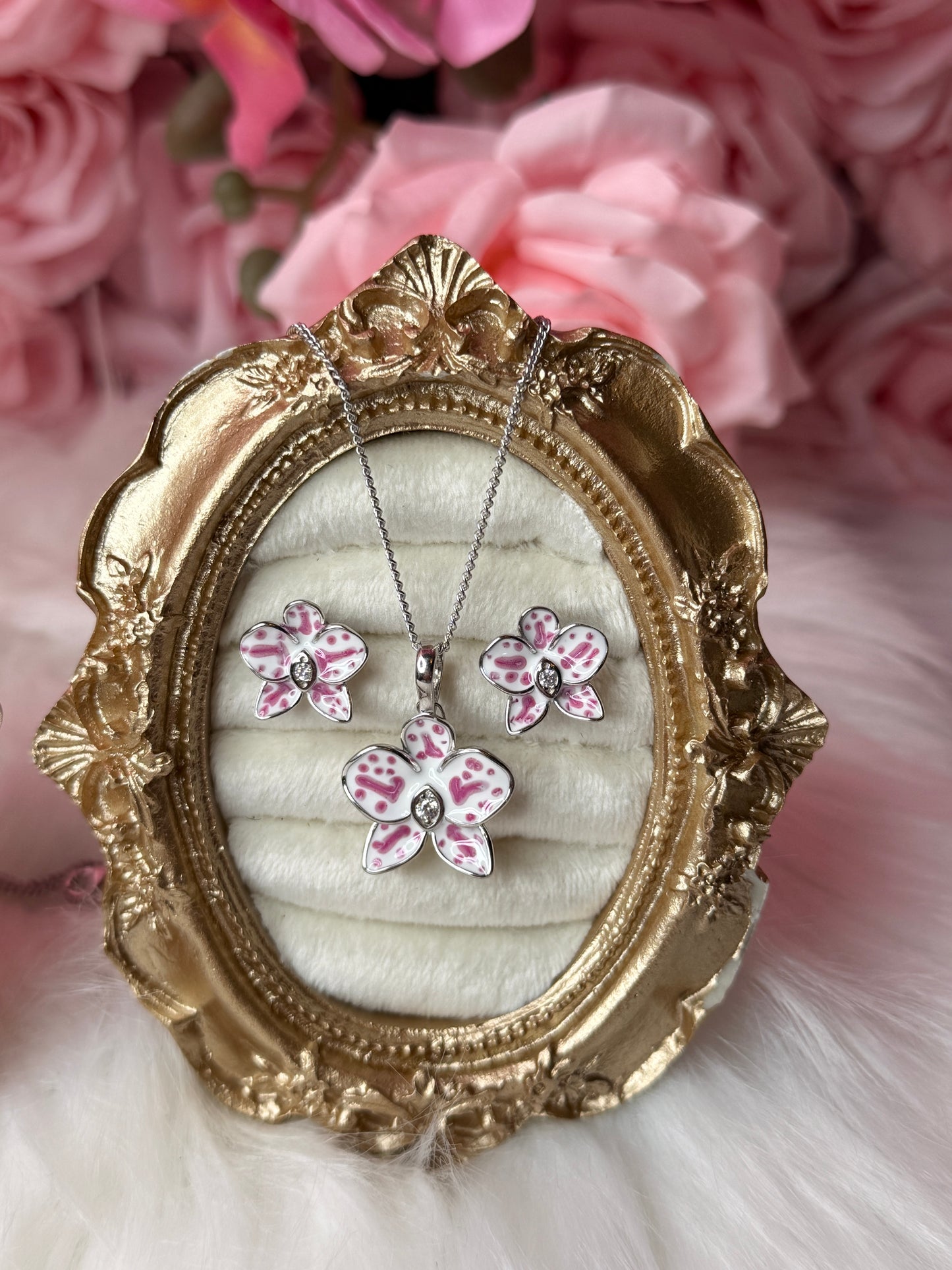 Color Burst Phal Collection: White Splash Oval Phalaenopsis Orchid Jewelry Set - Orchidique