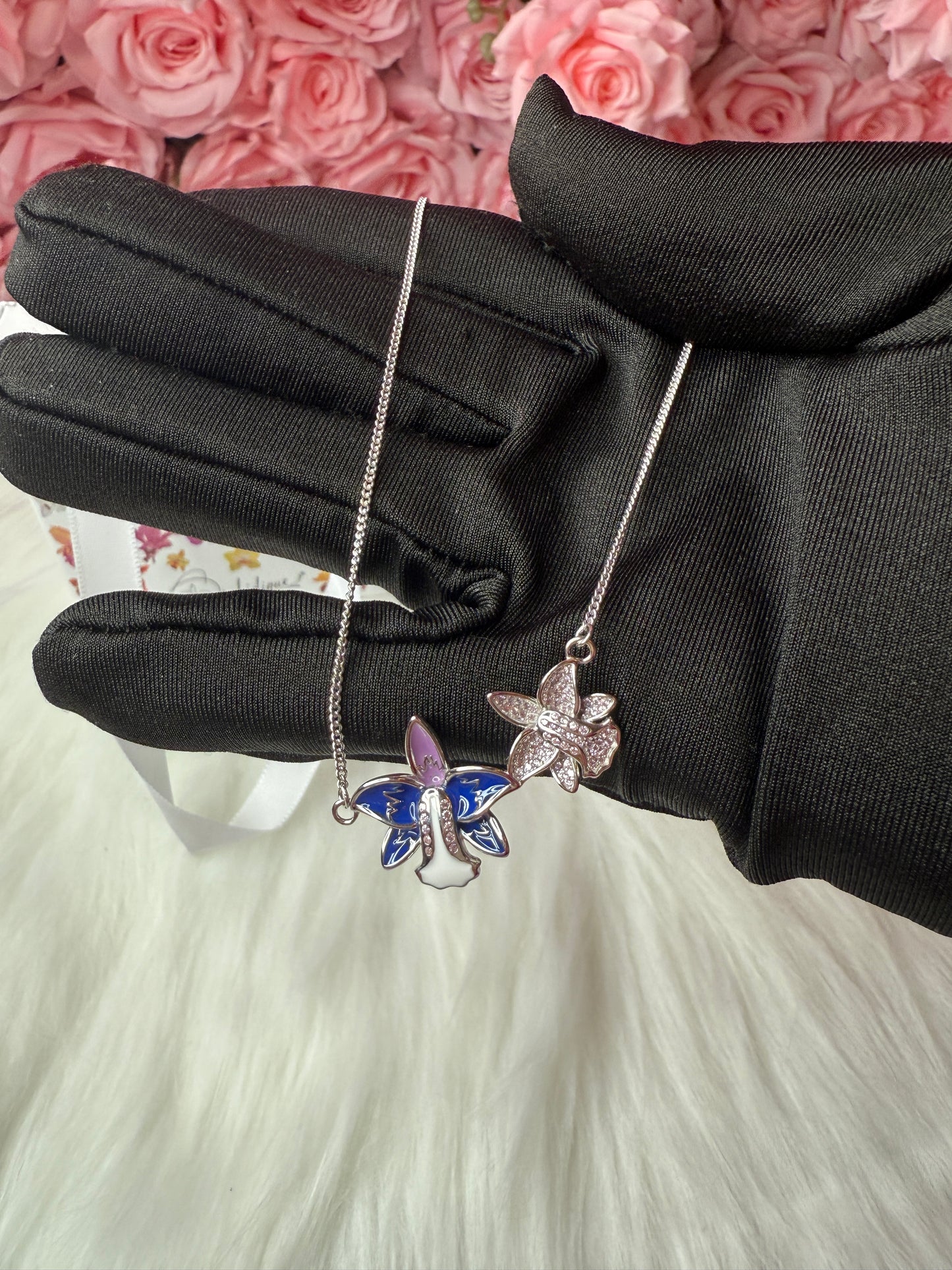 Duo White Gold Zircon Orchid Earrings • Cattleya Violecea- Inspired Orchid Earrings or Necklace