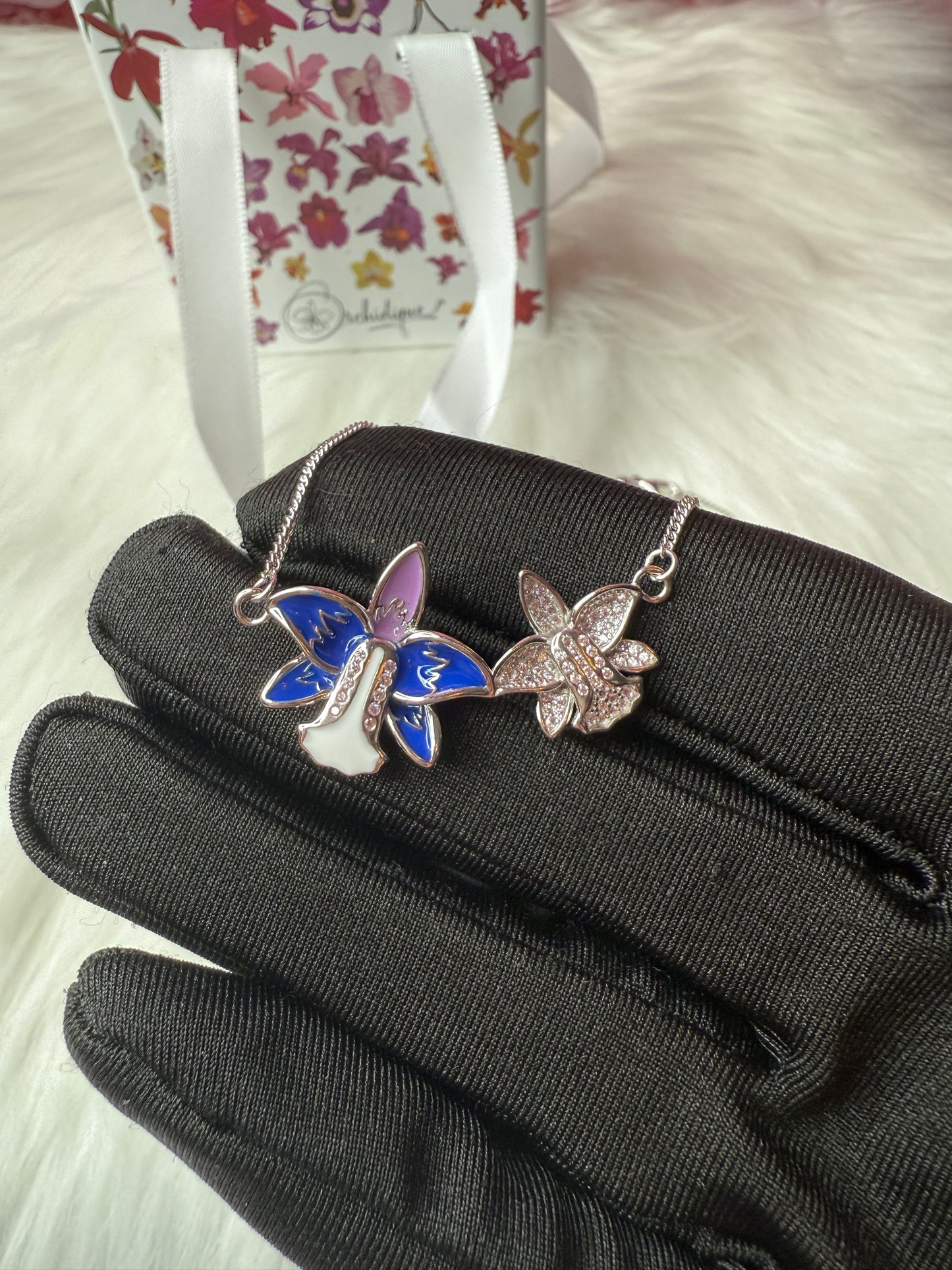 Duo White Gold Zircon Orchid Earrings • Cattleya Violecea- Inspired Orchid Earrings or Necklace