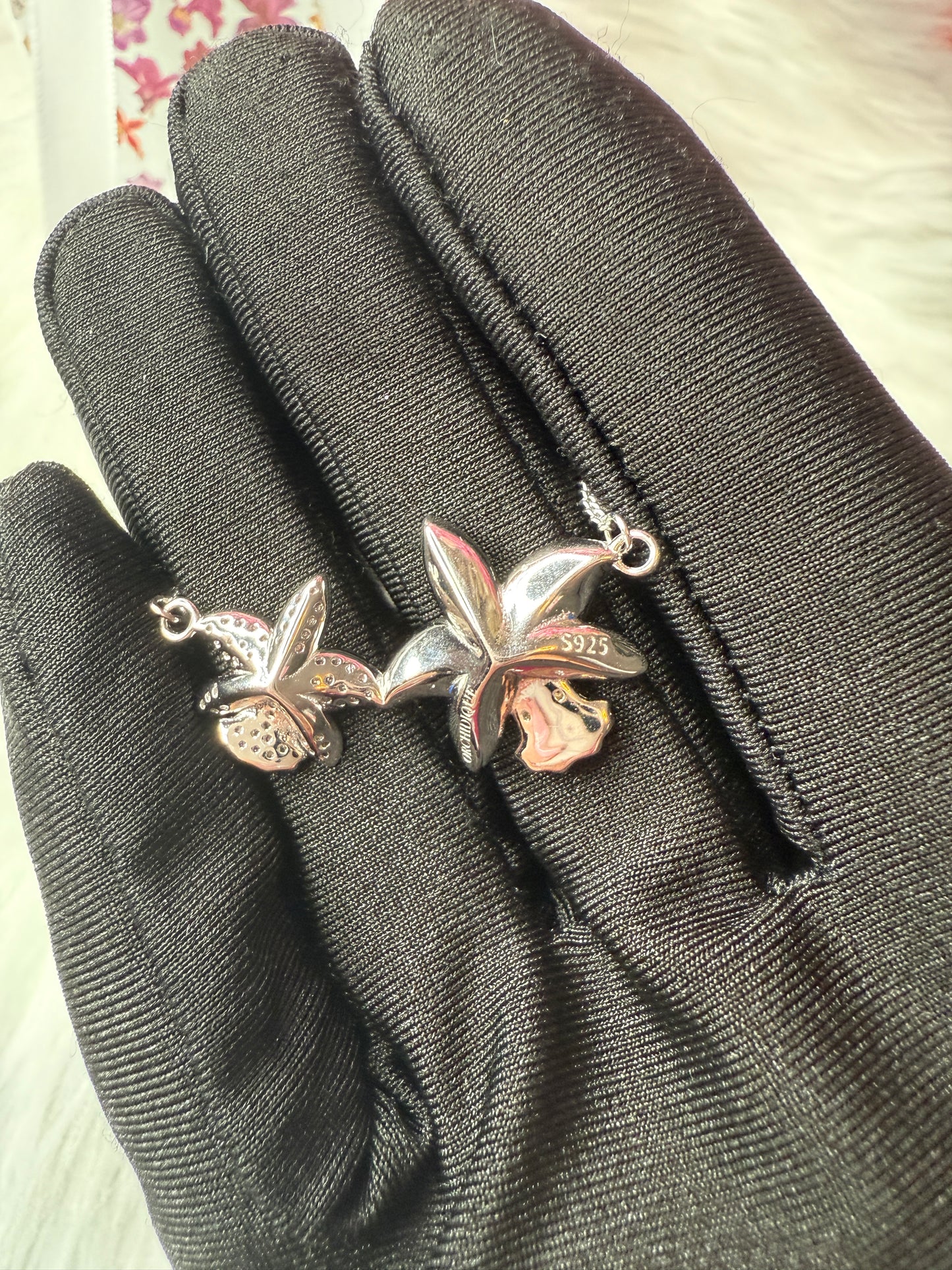 Duo White Gold Zircon Orchid Earrings • Cattleya Violecea- Inspired Orchid Earrings or Necklace
