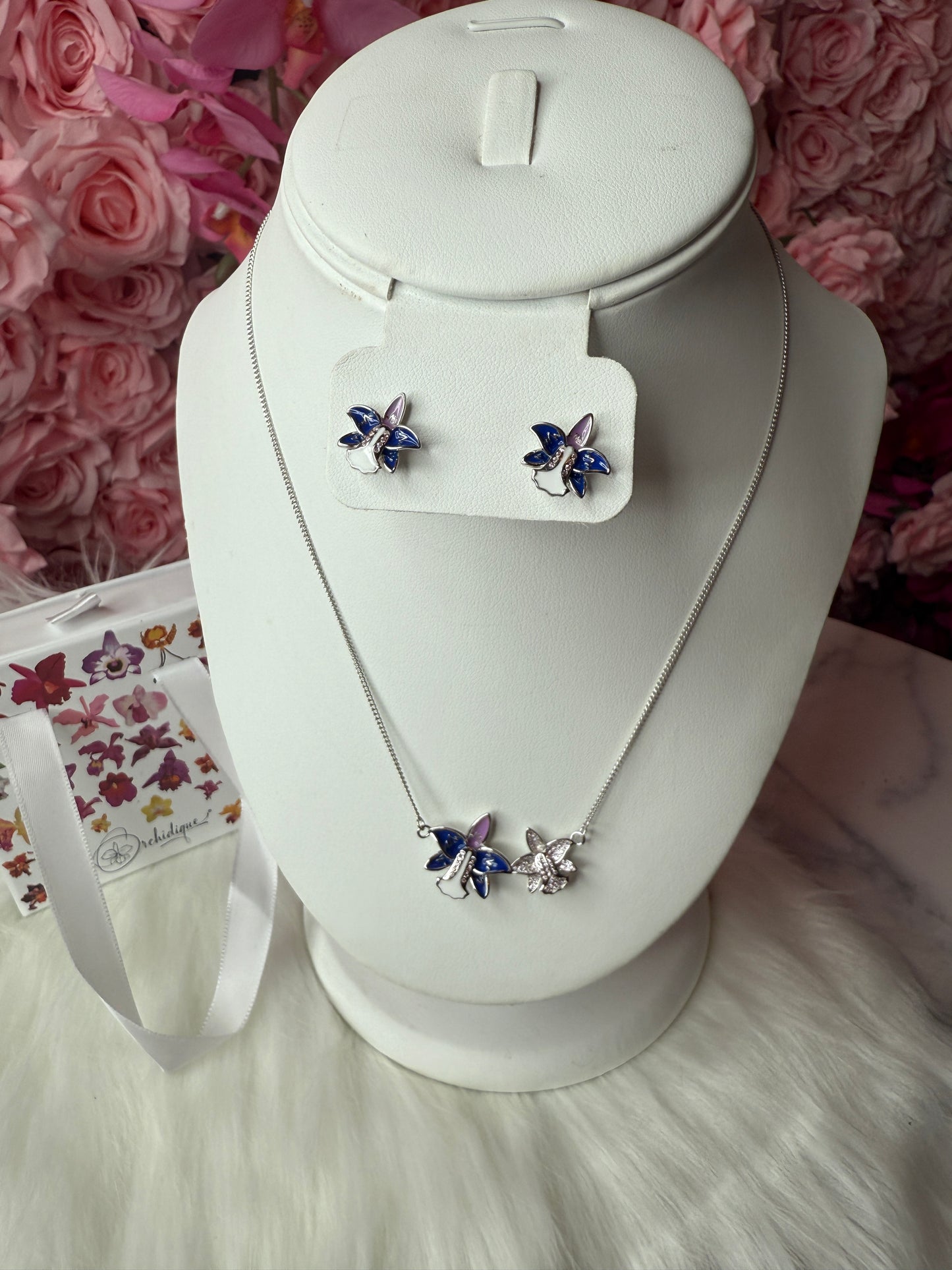 Duo White Gold Zircon Orchid Earrings • Cattleya Violecea- Inspired Orchid Earrings or Necklace