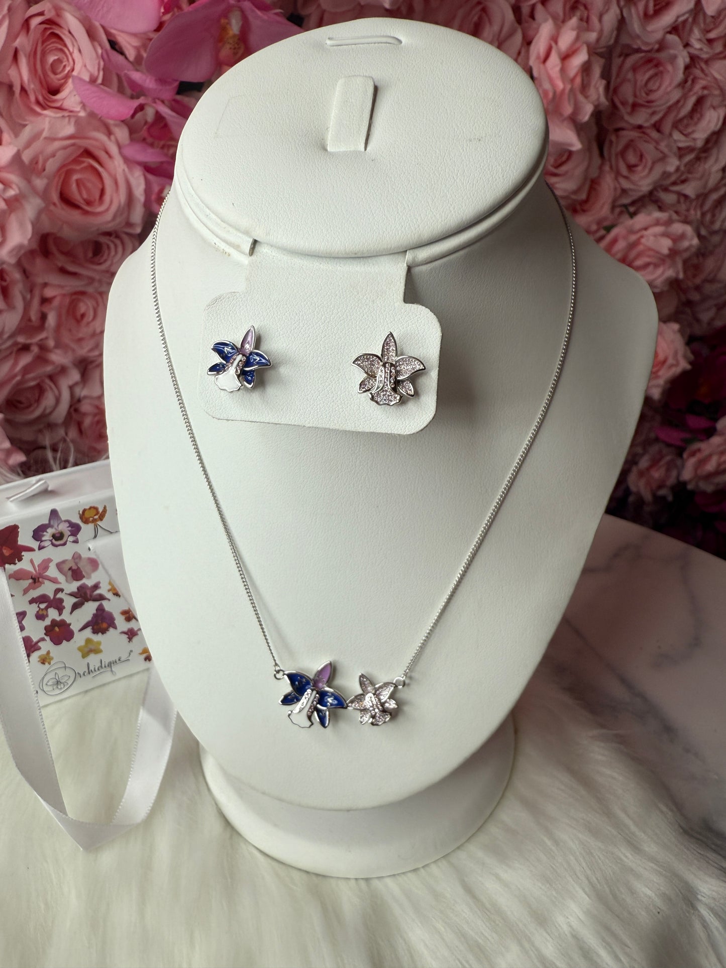 Duo White Gold Zircon Orchid Earrings • Cattleya Violecea- Inspired Orchid Earrings or Necklace