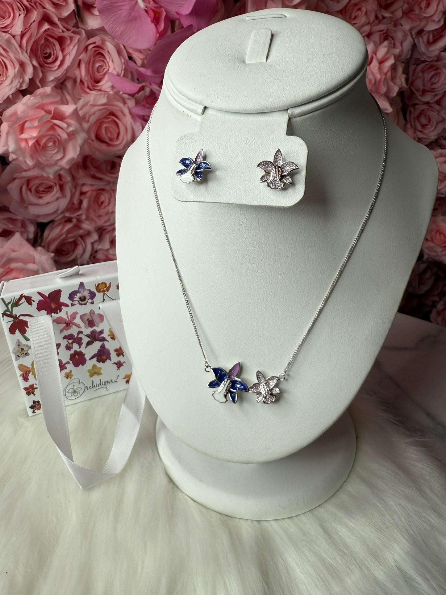 Duo White Gold Zircon Orchid Earrings • Cattleya Violecea- Inspired Orchid Earrings or Necklace