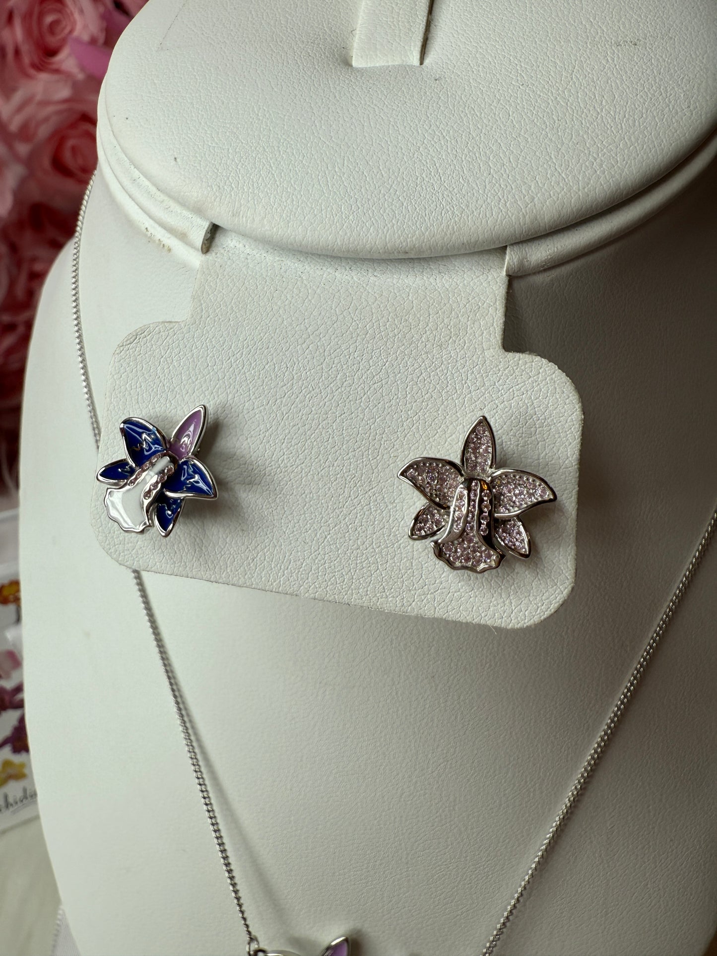 Duo White Gold Zircon Orchid Earrings • Cattleya Violecea- Inspired Orchid Earrings or Necklace