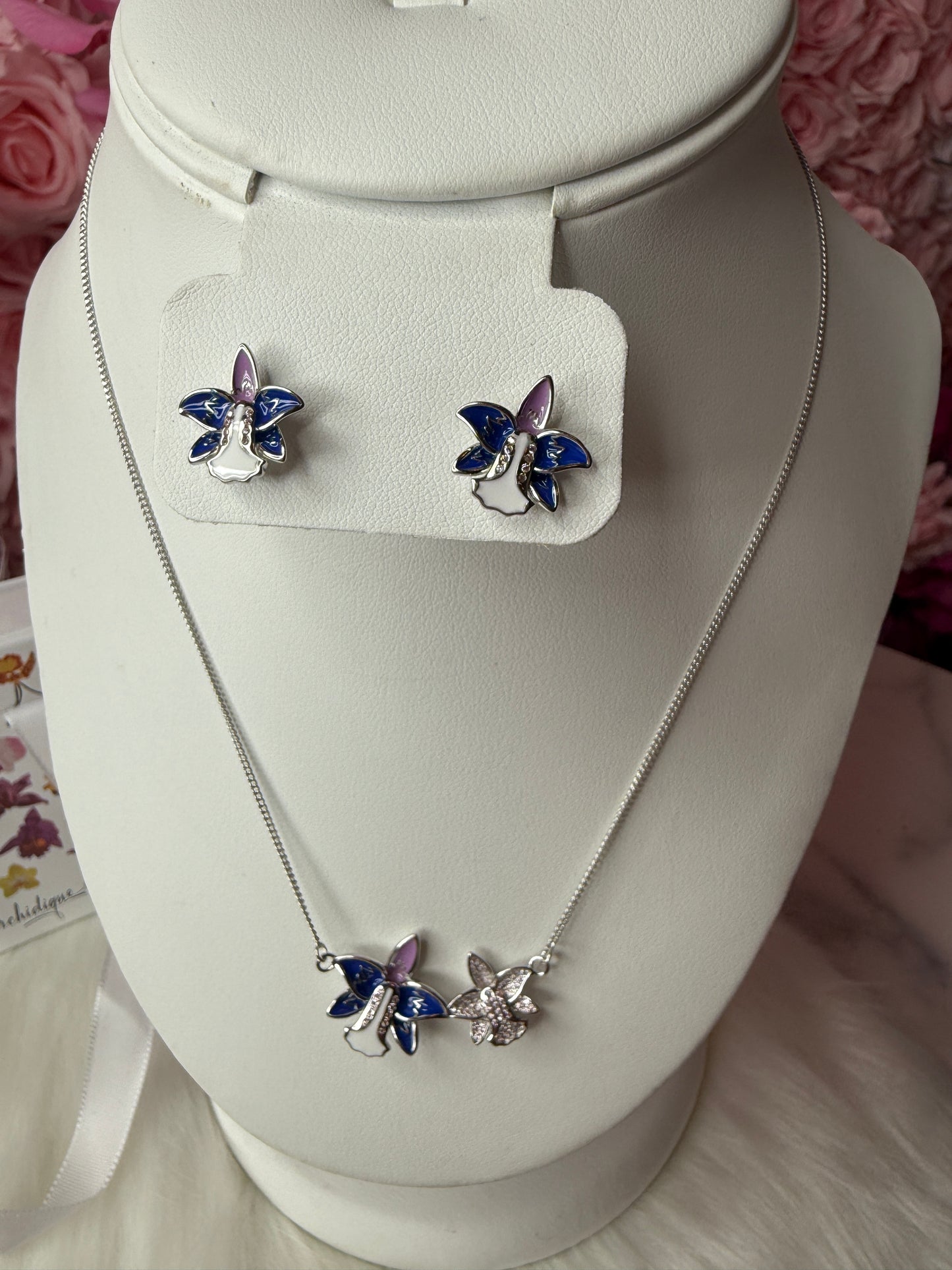 Duo White Gold Zircon Orchid Earrings • Cattleya Violecea- Inspired Orchid Earrings or Necklace