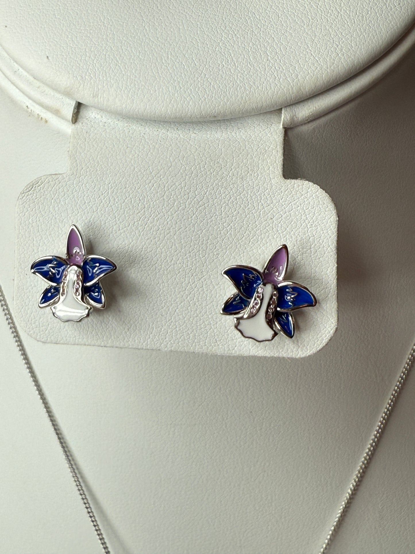 Duo White Gold Zircon Orchid Earrings • Cattleya Violecea- Inspired Orchid Earrings or Necklace