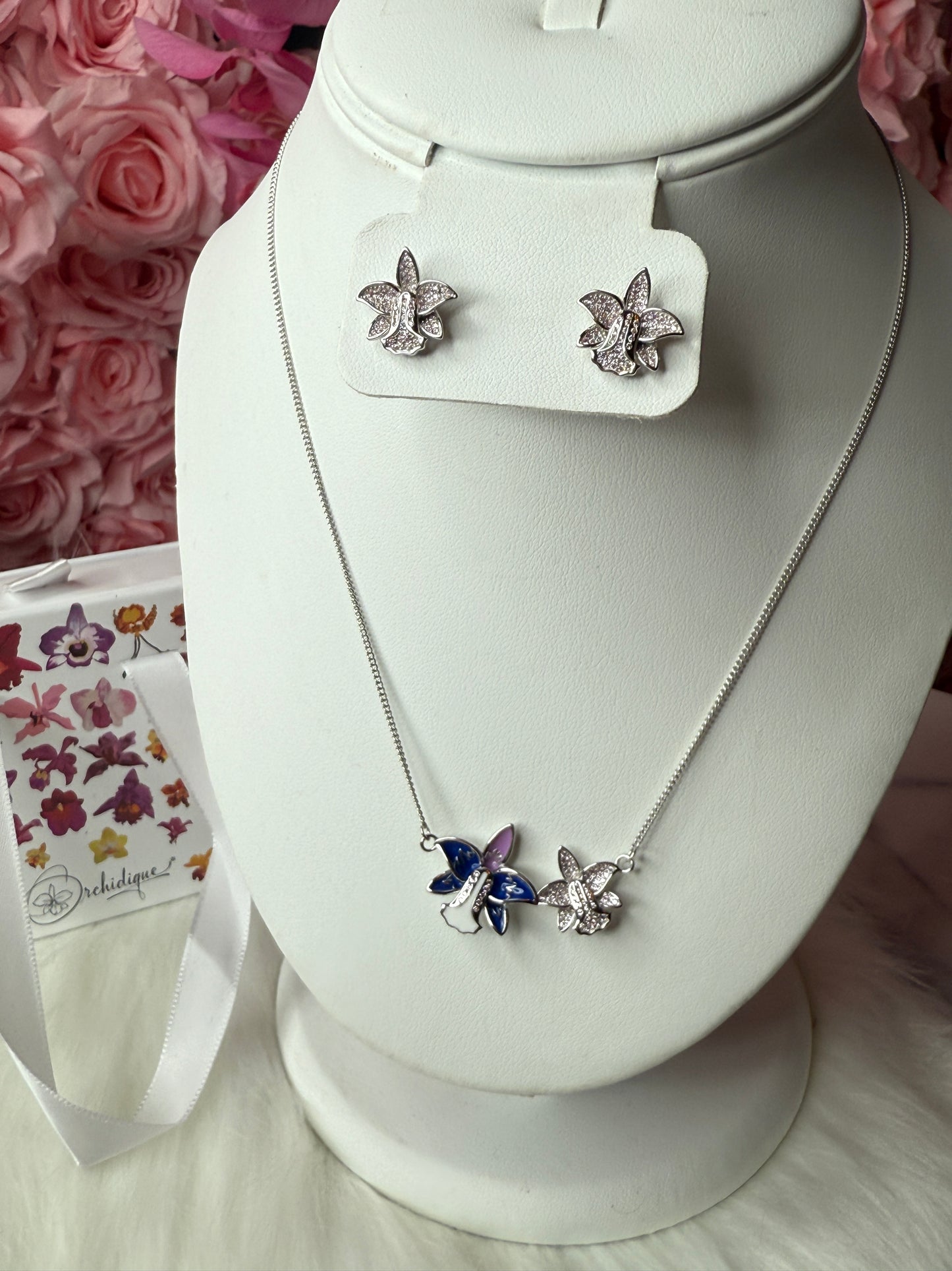 Duo White Gold Zircon Orchid Earrings • Cattleya Violecea- Inspired Orchid Earrings or Necklace