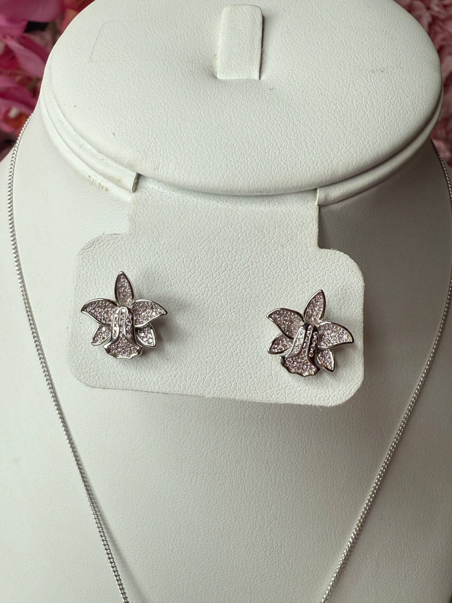 Duo White Gold Zircon Orchid Earrings • Cattleya Violecea- Inspired Orchid Earrings or Necklace