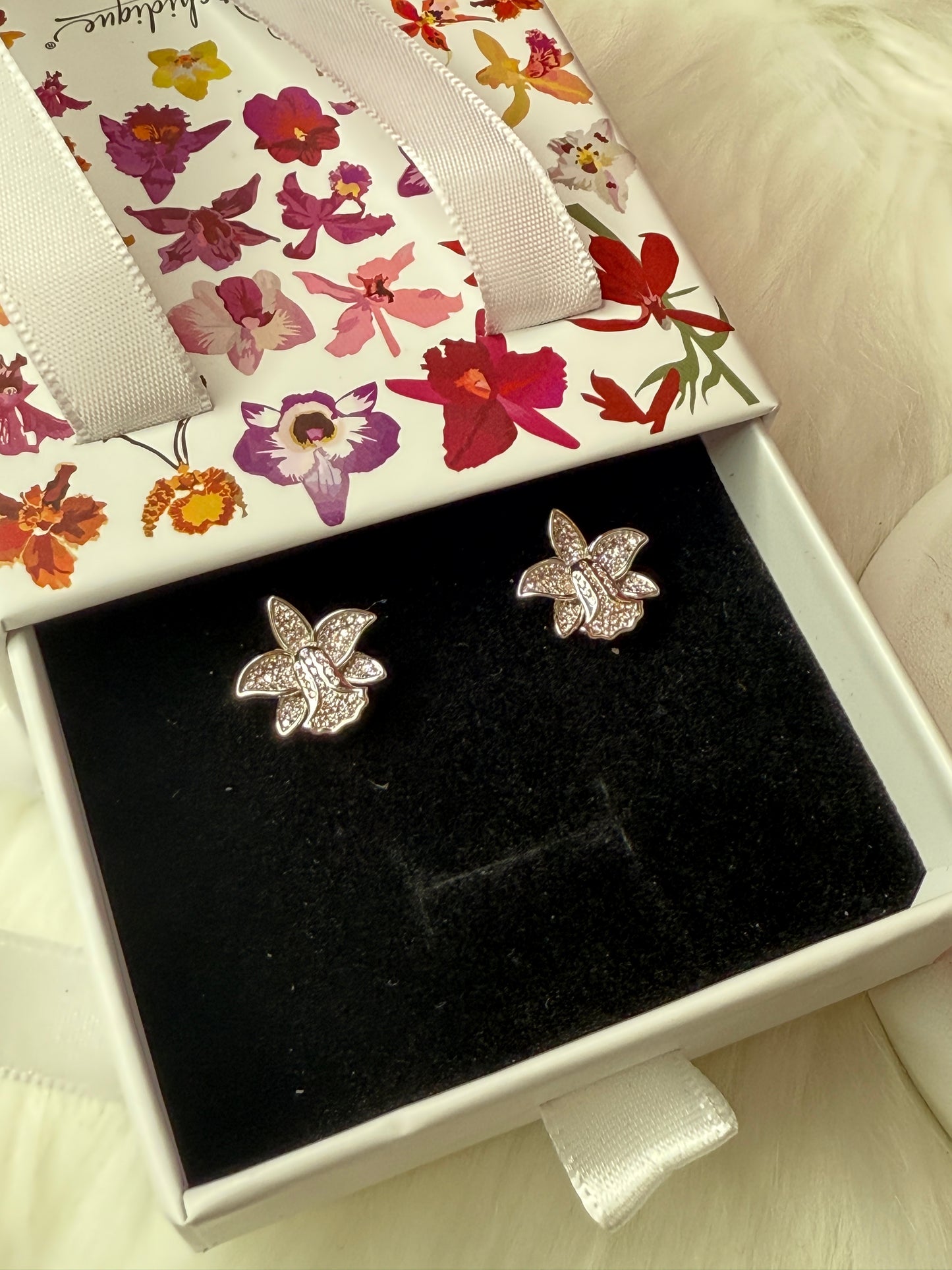 Duo White Gold Zircon Orchid Earrings • Cattleya Violecea- Inspired Orchid Earrings or Necklace