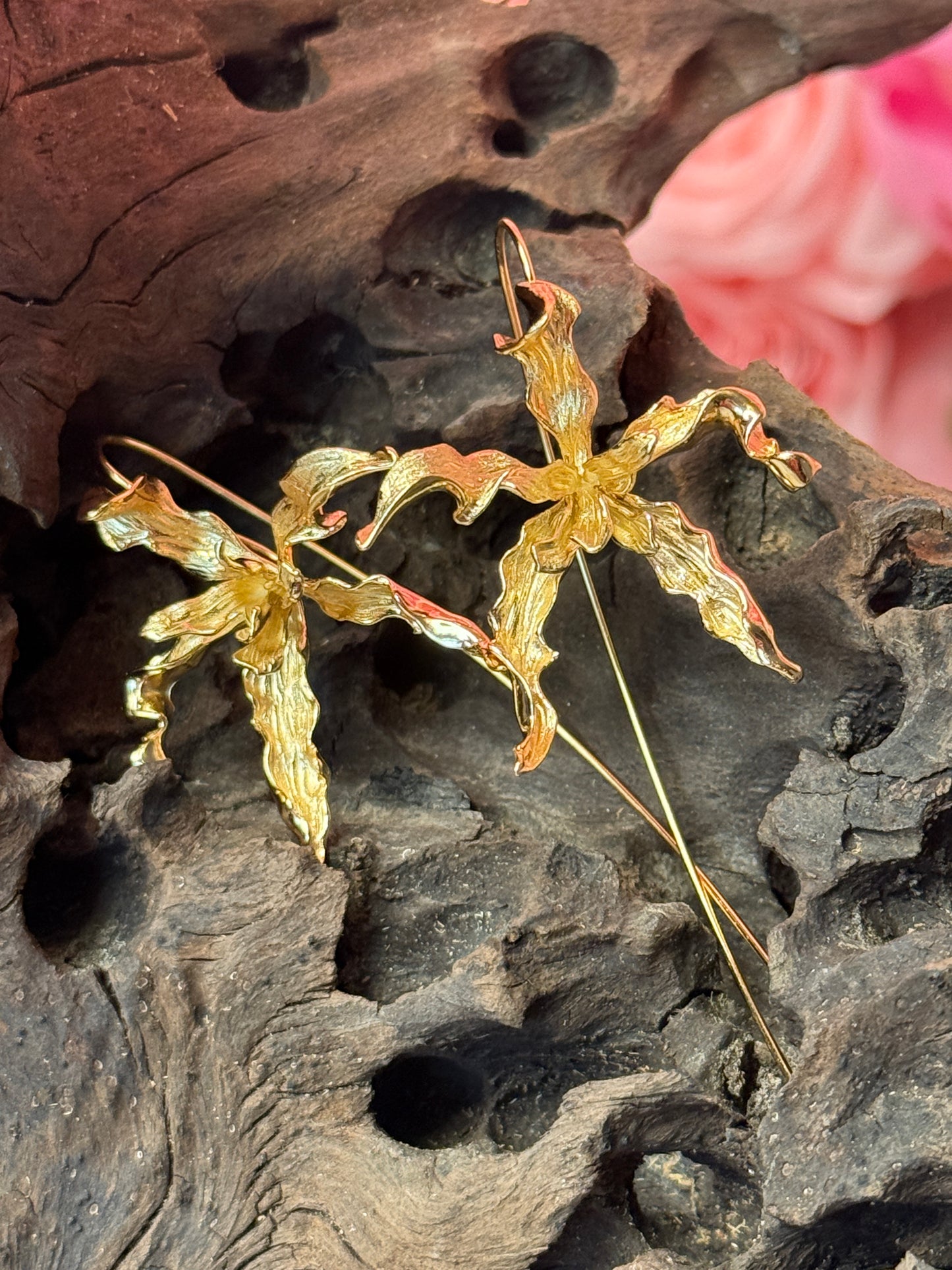 Meticulous: Schomburgkia Gold Orchid Flower Dangle Earrings - Orchidique