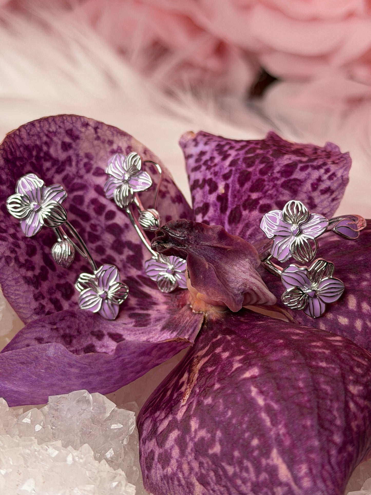 Purple Vanda Orchid Climber Earrings, Sterling Silver Ear Crawlers, Floral Vine Jewelry - Orchidique