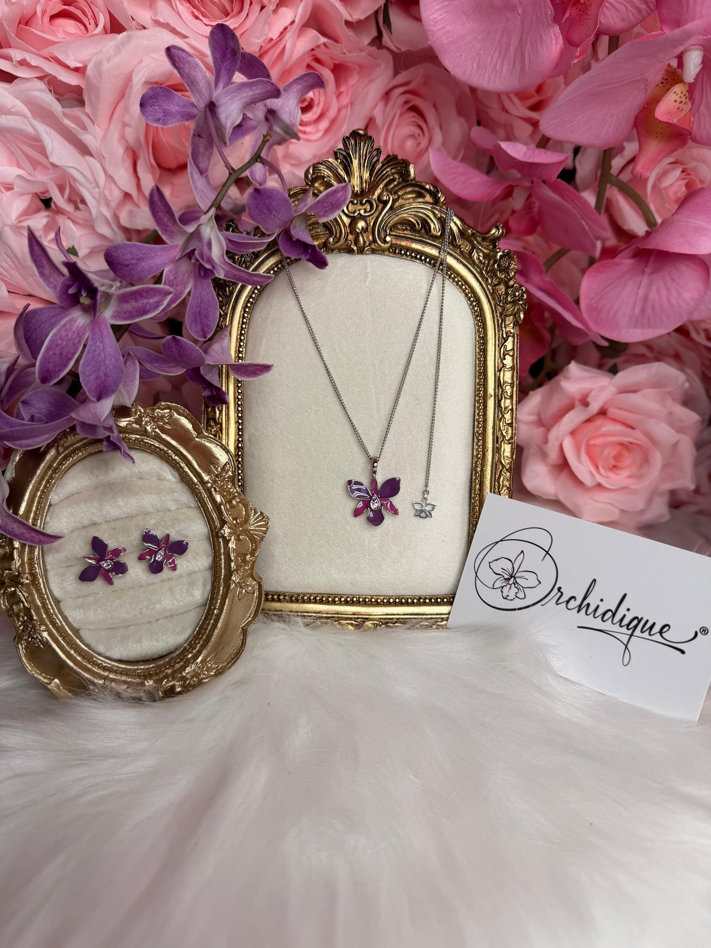 Dendrobium Orchid Jewelry Set • Purple & Pink Enamel Earrings and Ring - Orchidique