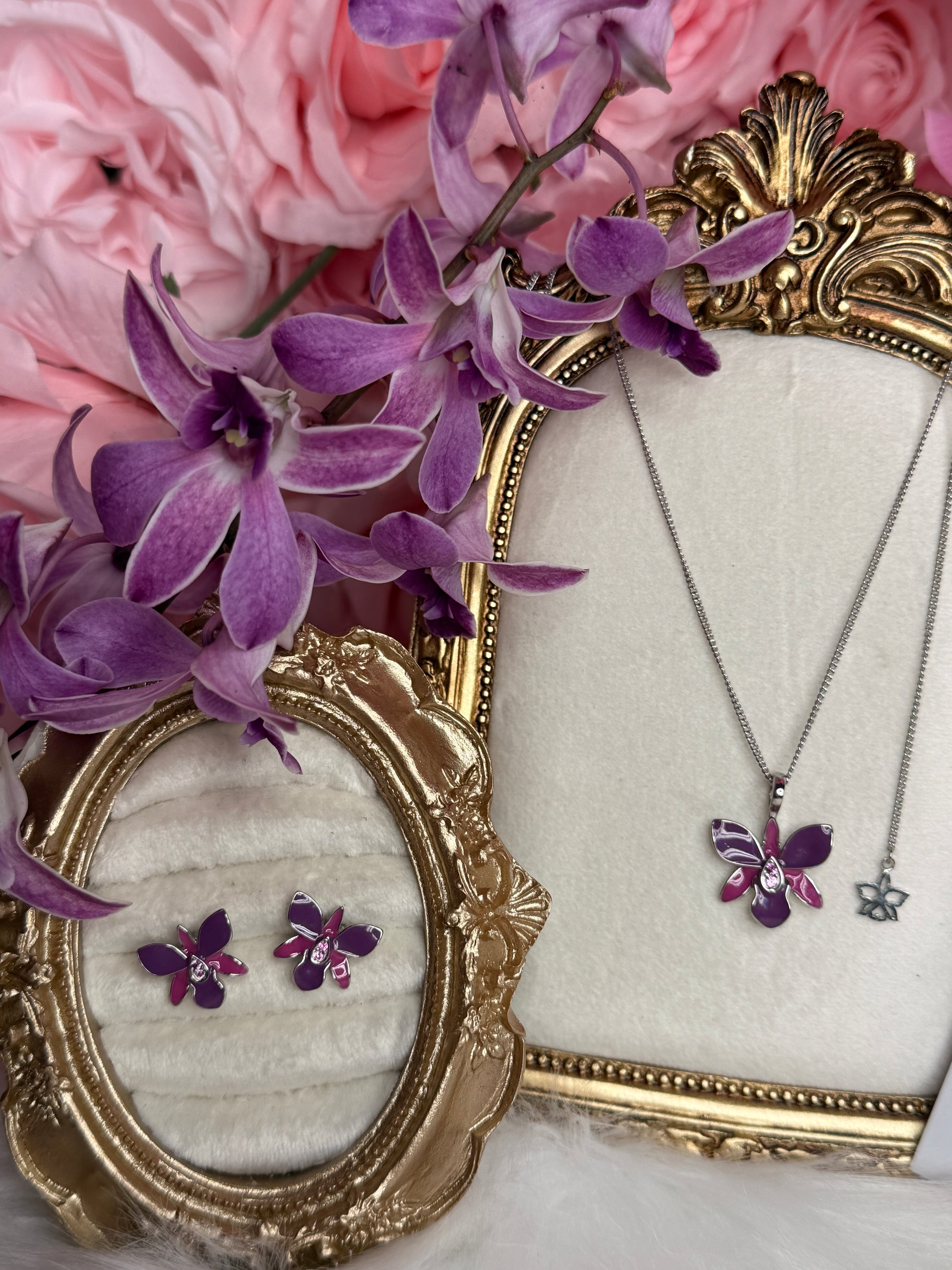 Dendrobium Orchid Jewelry Set • Purple & Pink Enamel Earrings and Ring - Orchidique