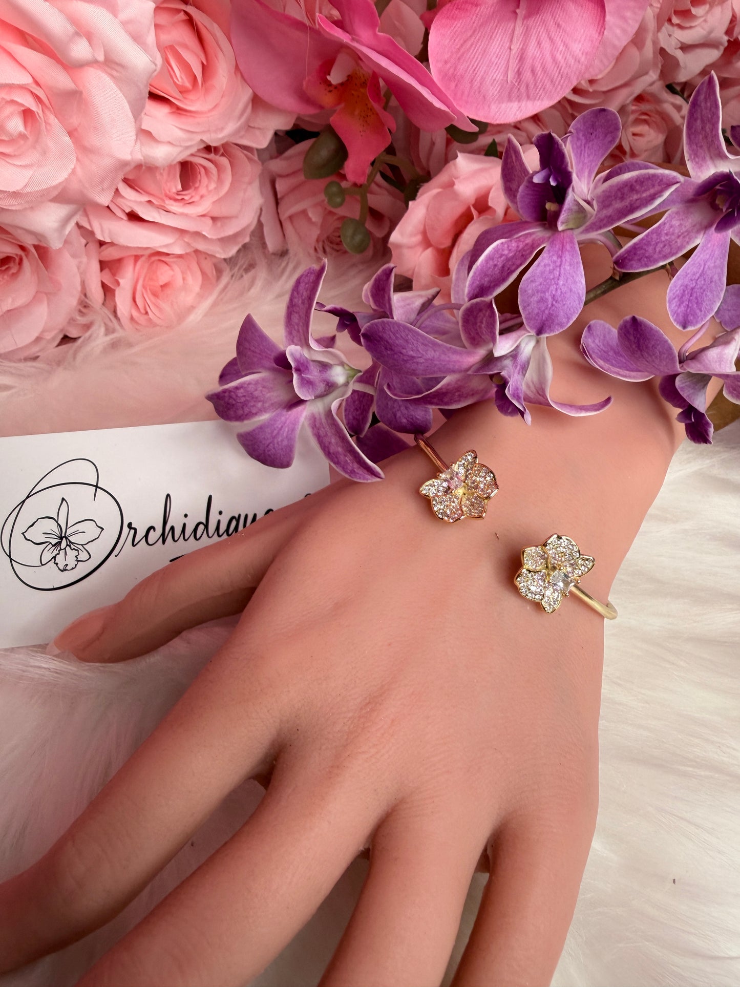 Shimmer me Dendrobium Gold Tone Orchid Bangle - Orchidique