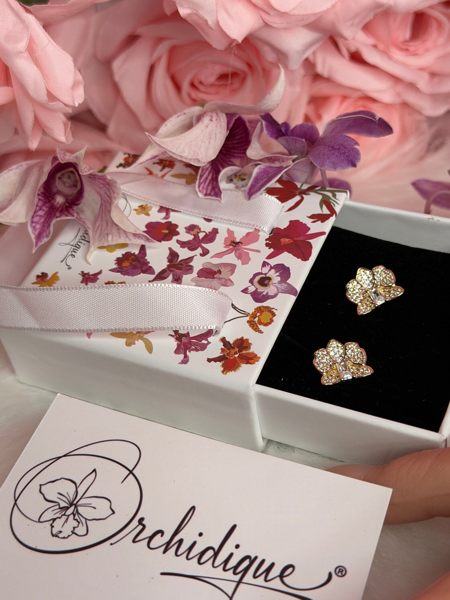 Sparkle of Love Collection: Dendrobium Orchid Earrings and Ring Set - Orchidique