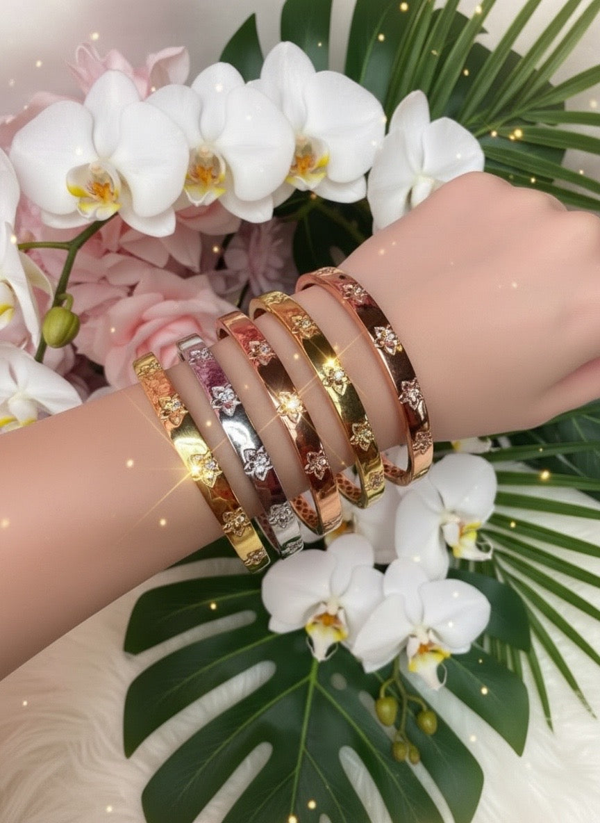 Synchrony Aloha: Cattleya Overlay Bangle | Gold Plated- Tarnish Free Bracelet - Orchidique