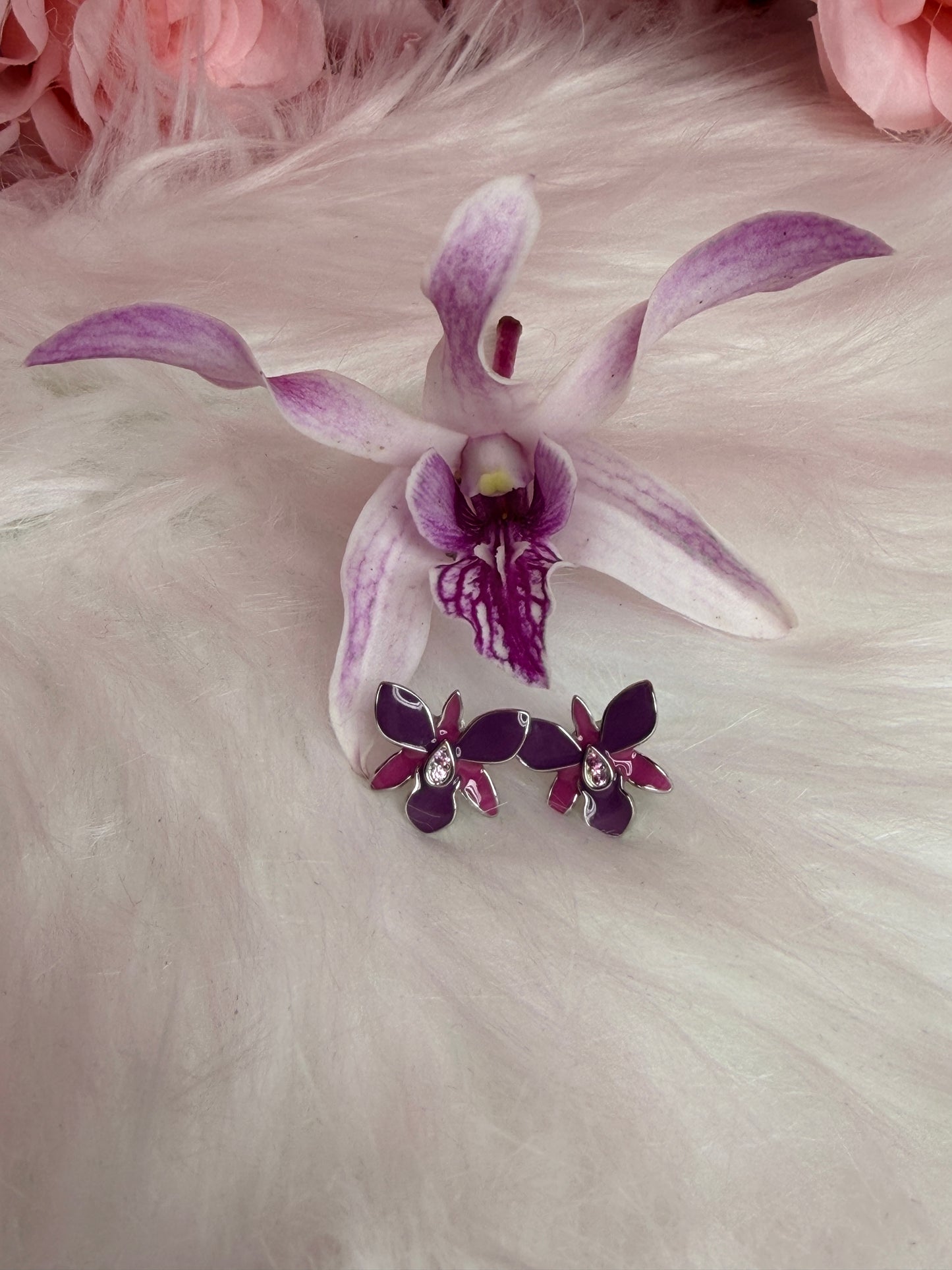 Dendrobium Orchid Jewelry Set • Purple & Pink Enamel Earrings and Ring