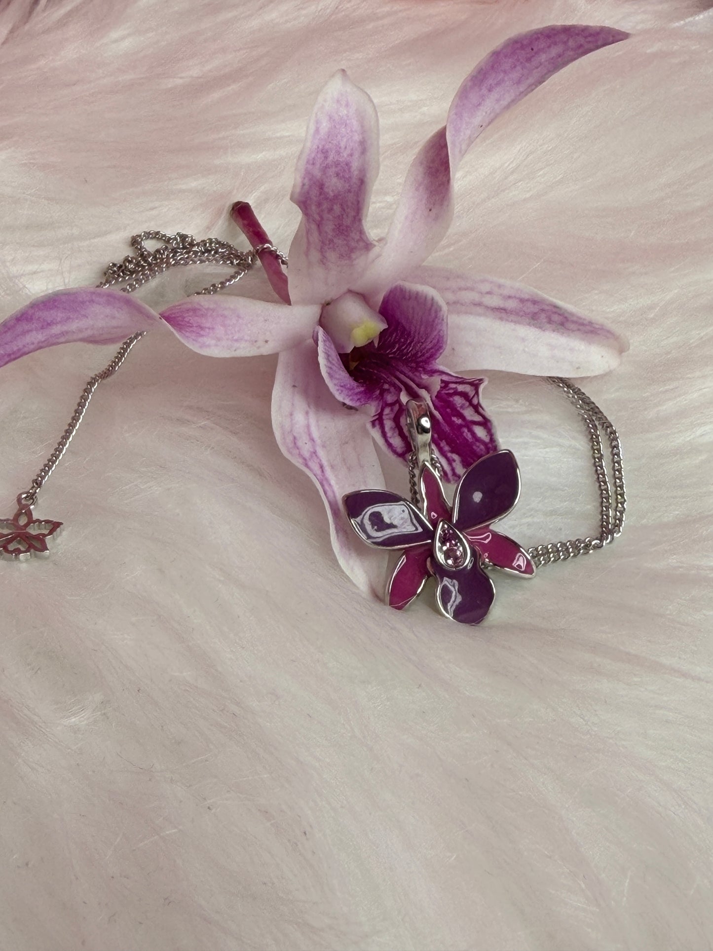 Dendrobium Orchid Jewelry Set • Purple & Pink Enamel Earrings and Ring