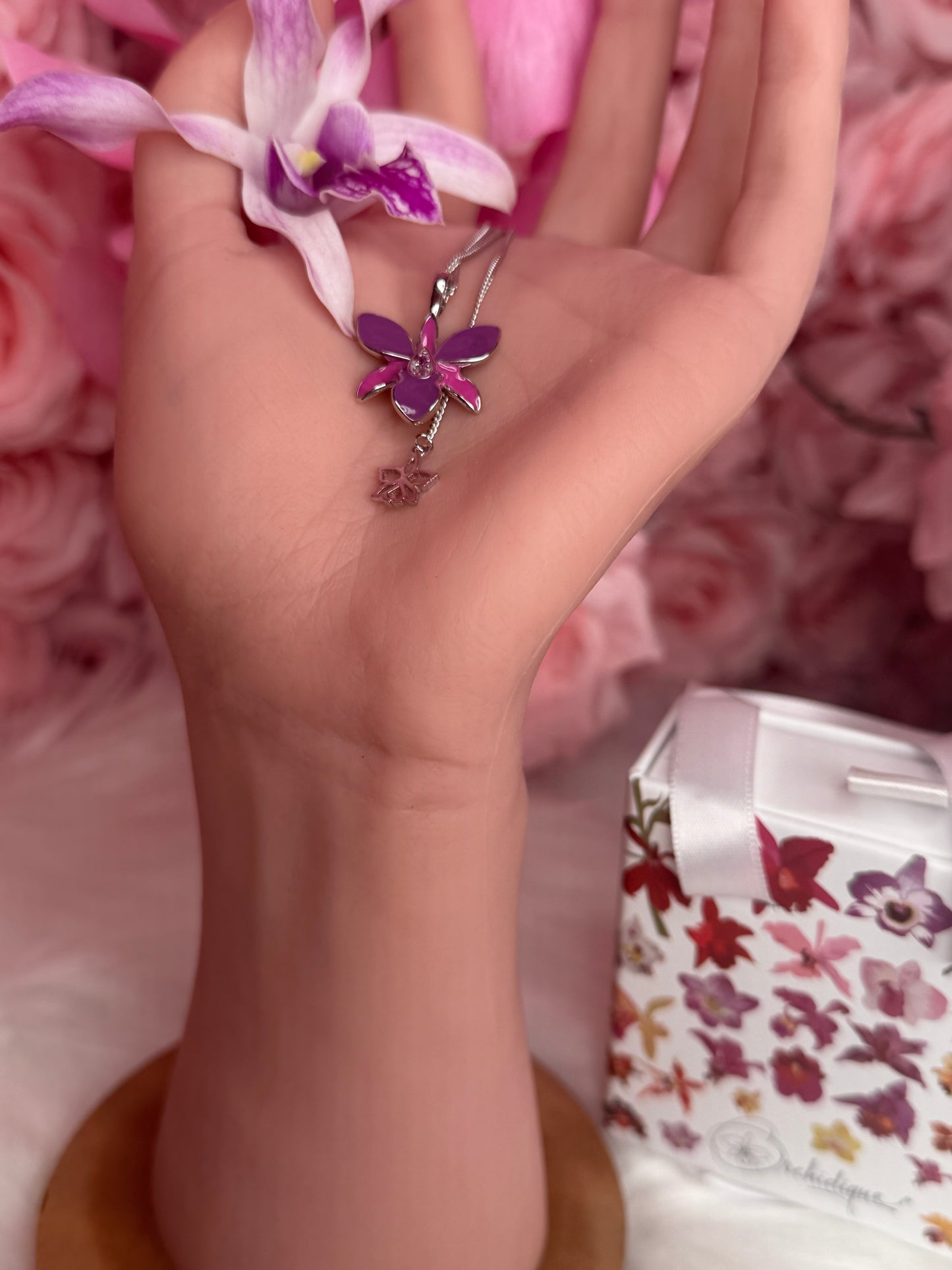 Dendrobium Orchid Jewelry Set • Purple & Pink Enamel Earrings and Ring