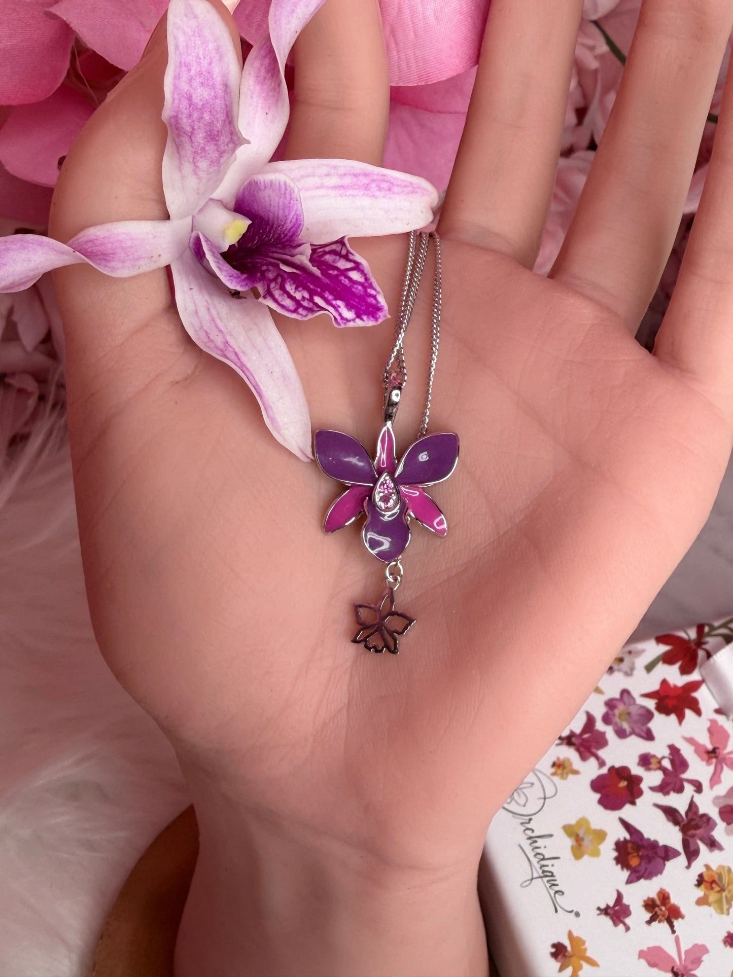 Dendrobium Orchid Jewelry Set • Purple & Pink Enamel Earrings and Ring