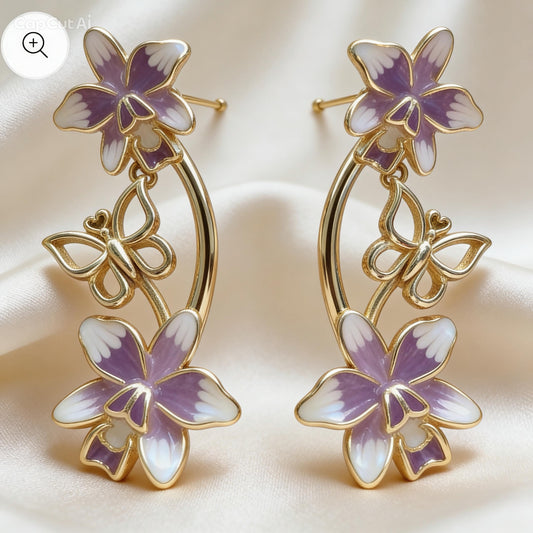 Climbing Earrings - Heavenly Bloom Violacea-inspired Orchids & Butterfly Earrings - Orchidique