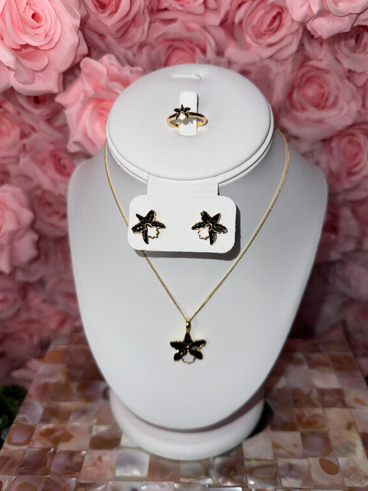 La Colombiana Inspired Collection: Cattleya Black Orchid Jewelry Set • 14k Gold Orchid Choker Necklace • Orchid Earrings • Orchid Ring