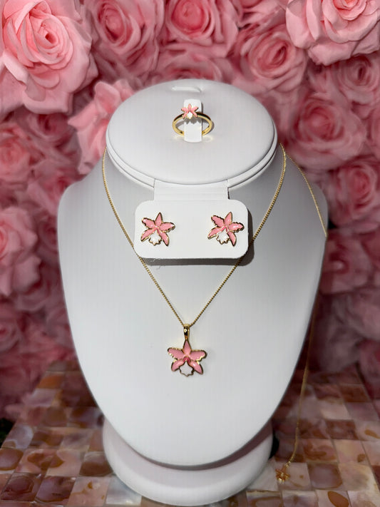 La Colombiana Inspired Collection: Cattleya Orchid Jewelry Set • Pink & White • Orchid Flower Necklace & Earrings