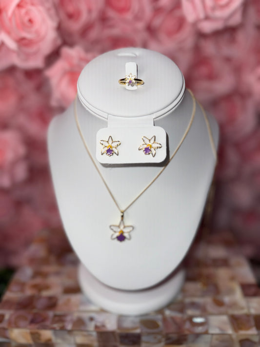 La Colombiana Inspired Collection:  Cattleya Orchid Jewelry Set • White and Purple • Orchid Flower Necklace & Earrings