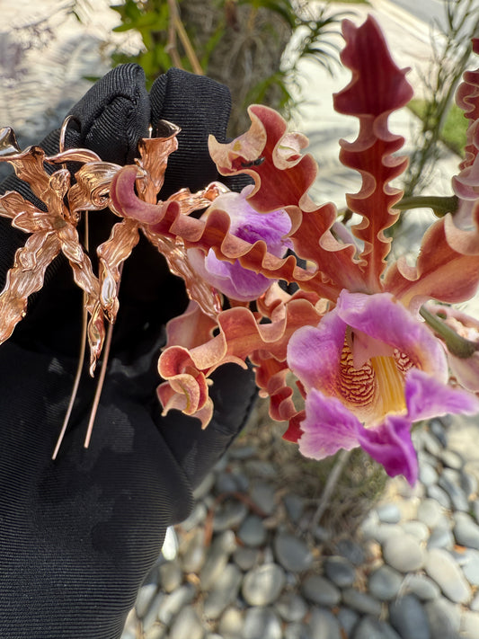 Meticulous: Schomburgkia Rose Gold Orchid Flower Dangle Earrings