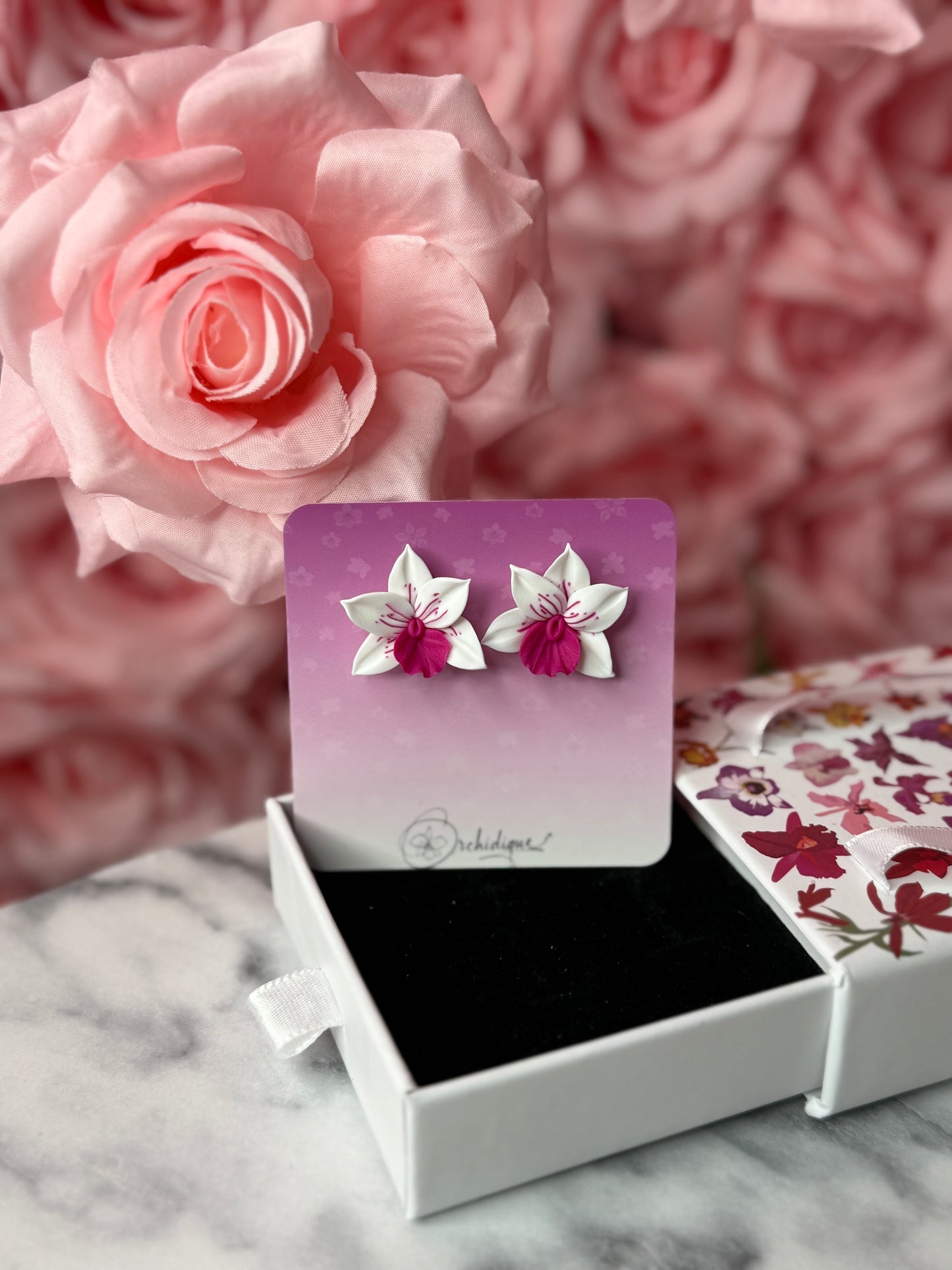 Handmade Orchid Oasis Collection: White and Pink Splash Earrings - Orchidique