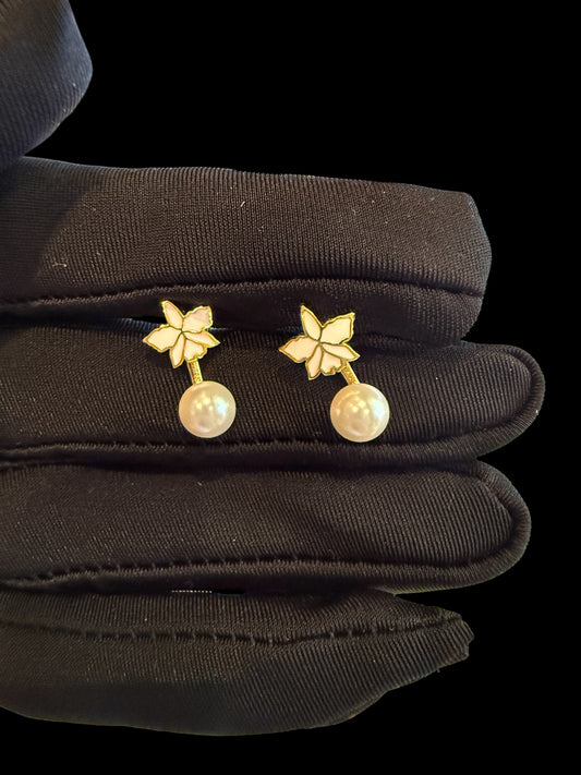 Signature White Cattleya Earrings, Classic Pearl Jacket Stud, 18k Gold Plated