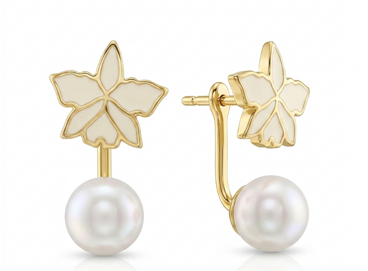 Signature Orchid Stud Earrings • White Cattleya Alba • Pearl Jacket • 14K Gold Plated