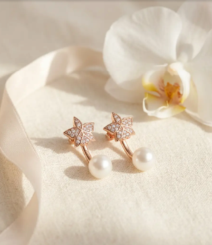Signature Orchid Stud Earrings • Cattleya • White Zircon • Pearl Jacket • 18K Rose Gold - Orchidique
